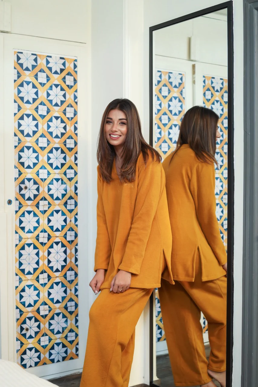 V neck Super Soft Mustard woollen Lounge Wear Set - Image 9