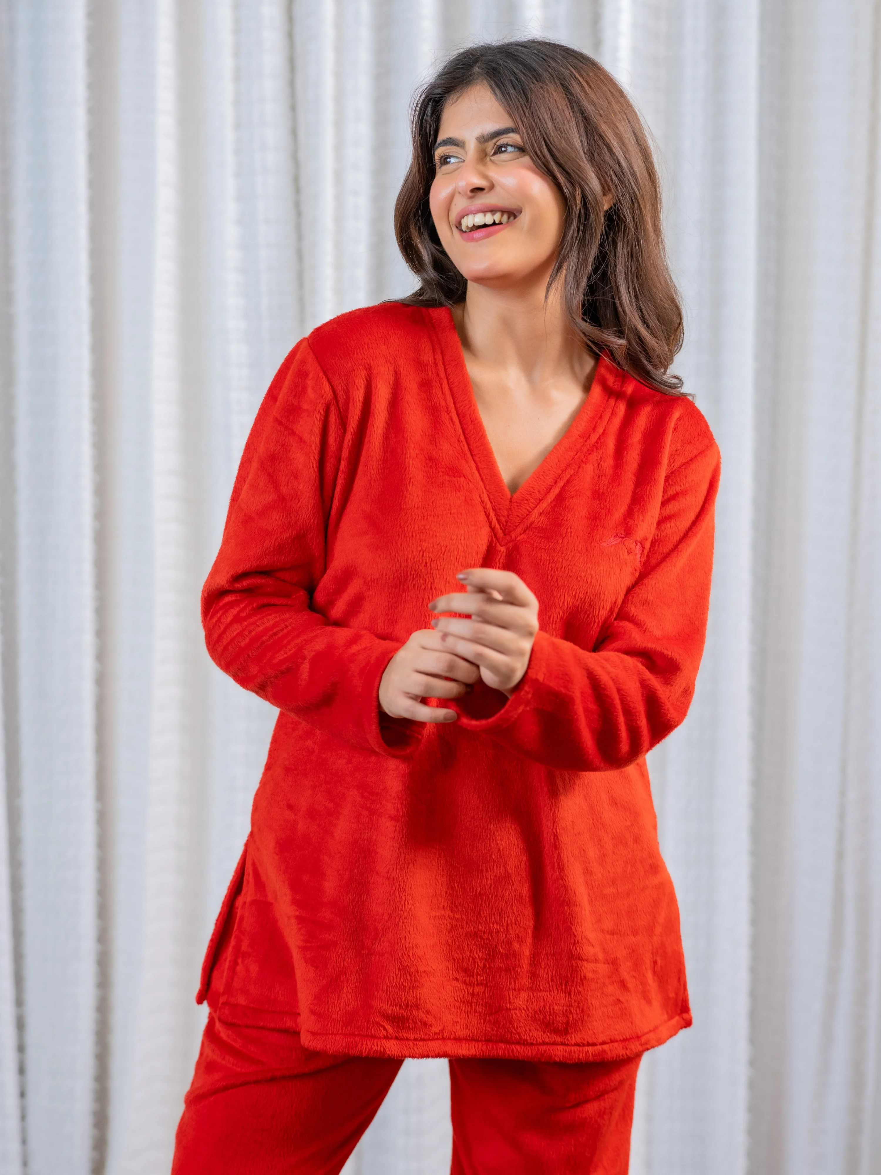 V Neck Super Soft Red Woollen Lounge Wear Set - Image 2