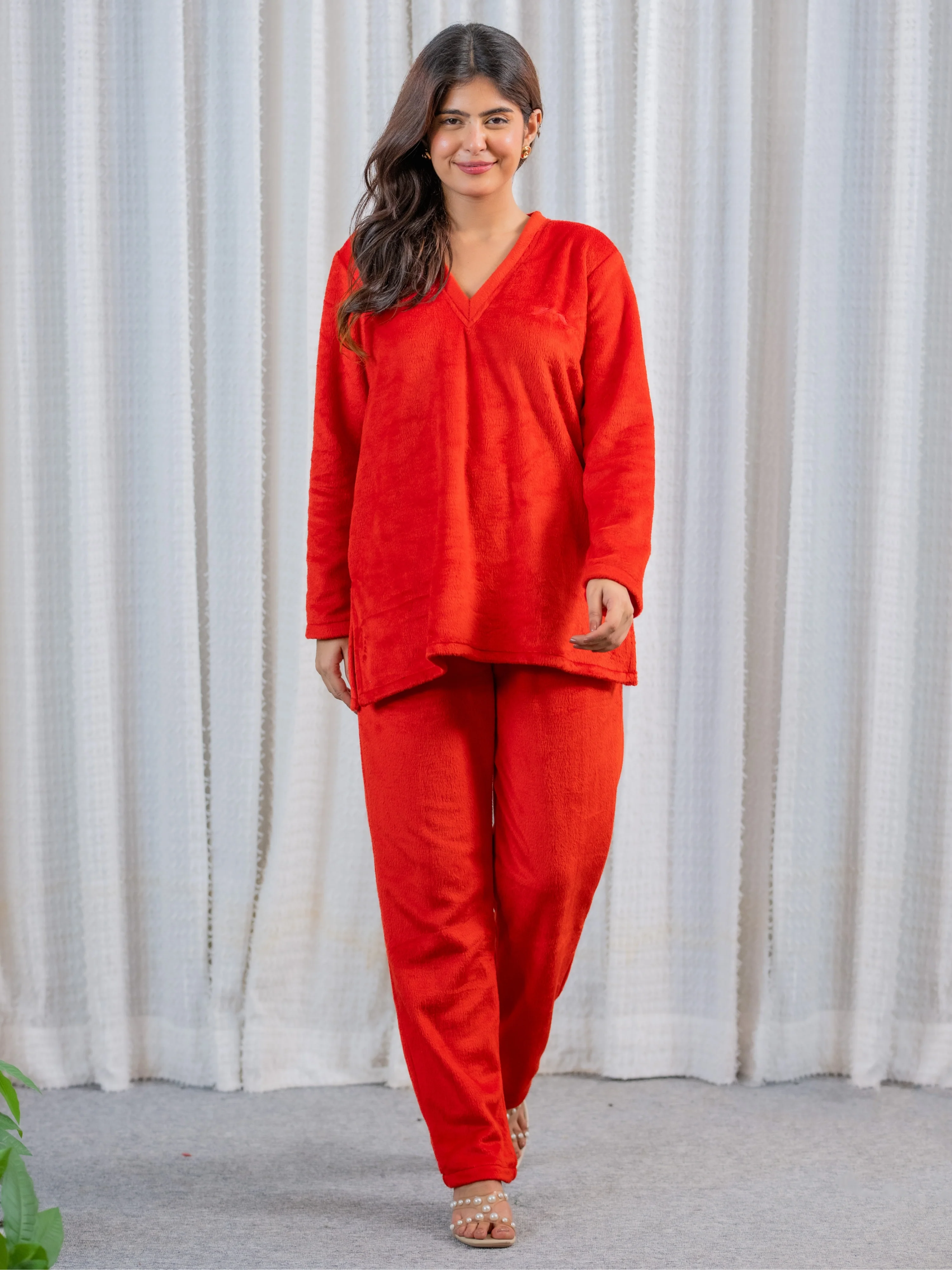 V Neck Super Soft Red Woollen Lounge Wear Set - Image 4