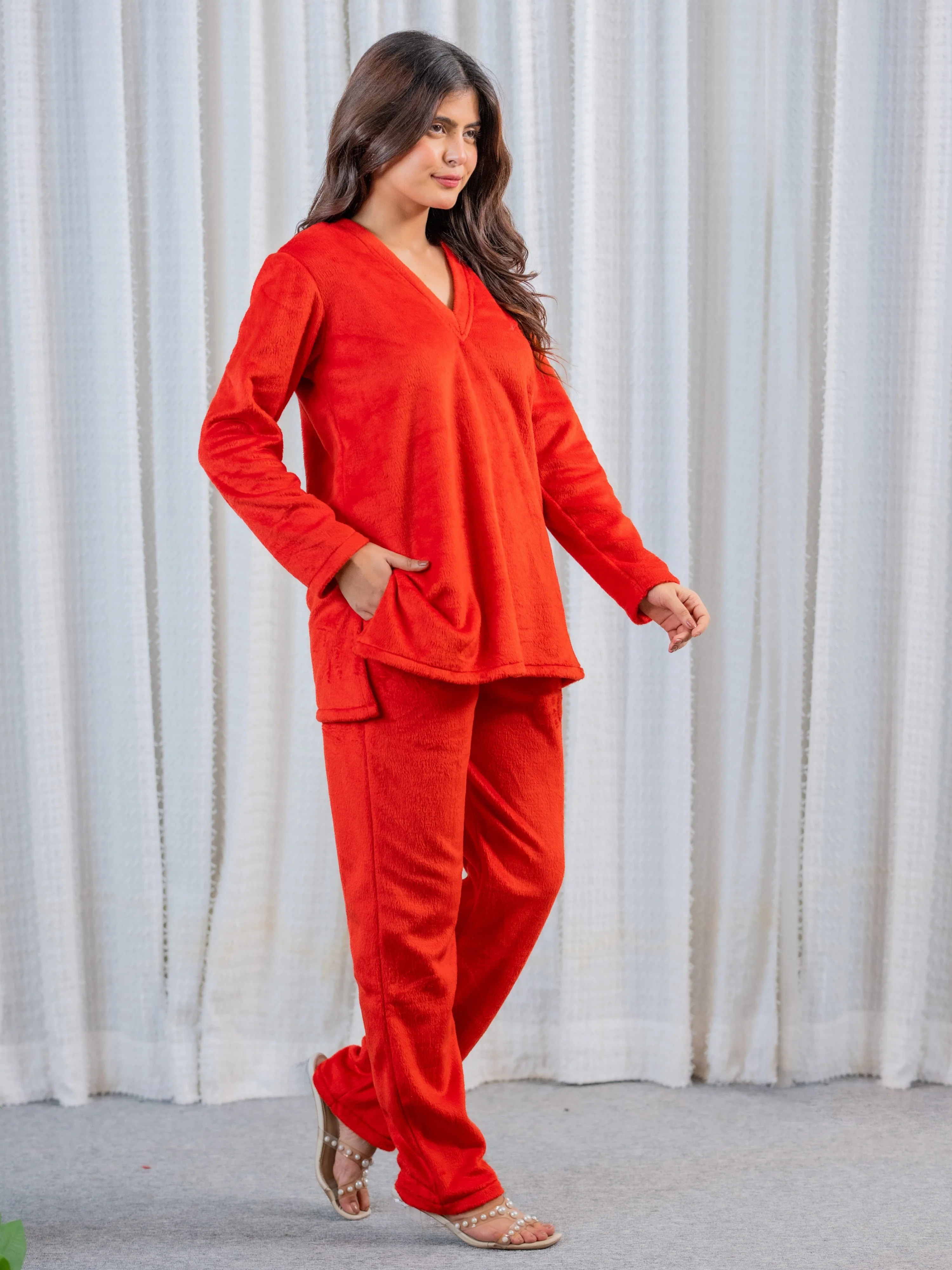 V Neck Super Soft Red Woollen Lounge Wear Set - Image 5