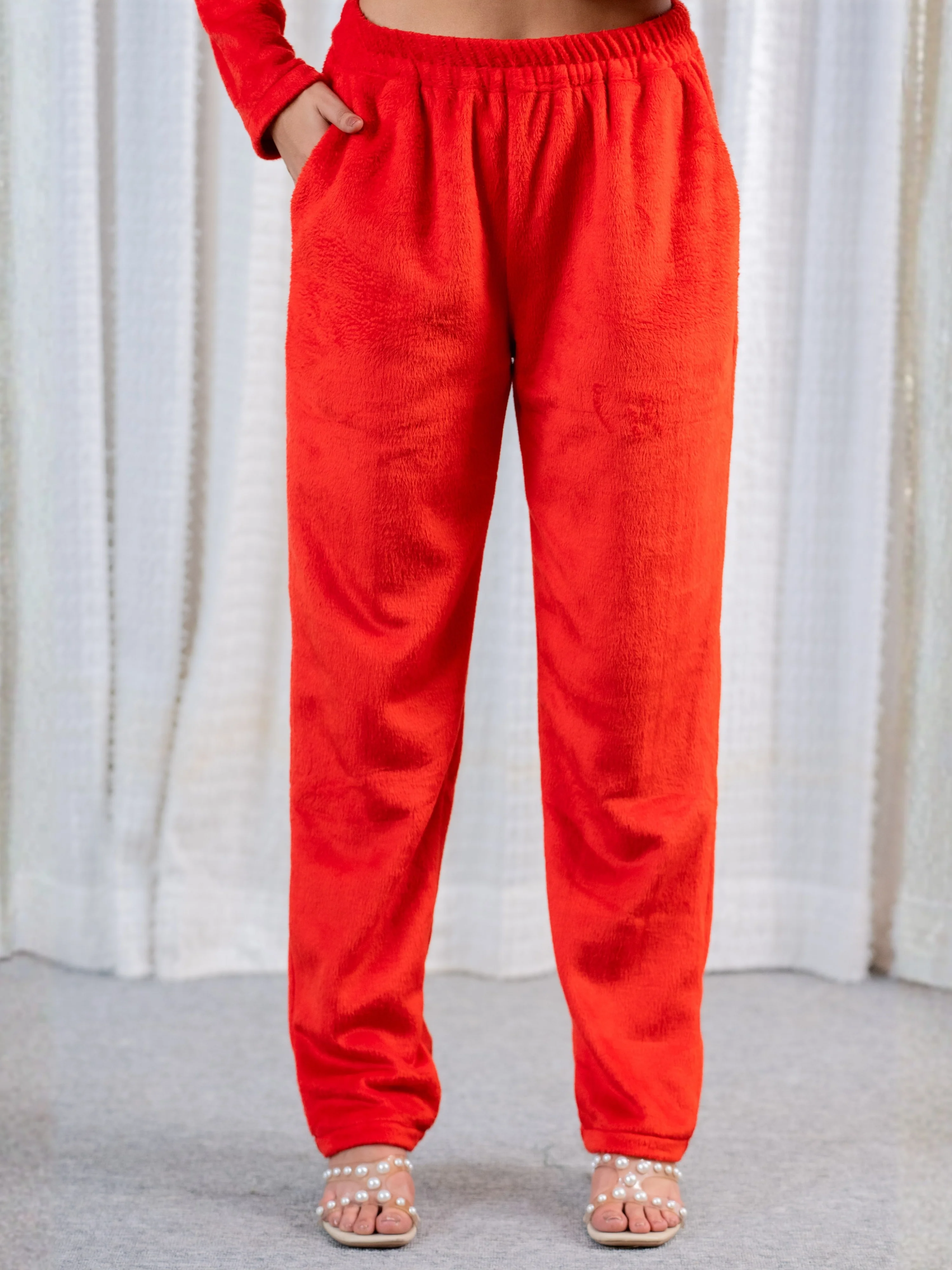 V Neck Super Soft Red Woollen Lounge Wear Set - Image 7