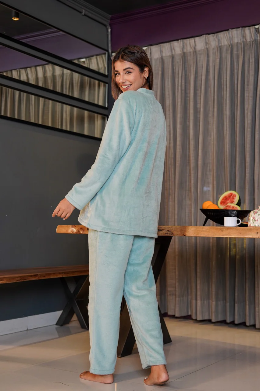 V neck Super Soft Turquoise woollen Lounge Wear Set - Image 4