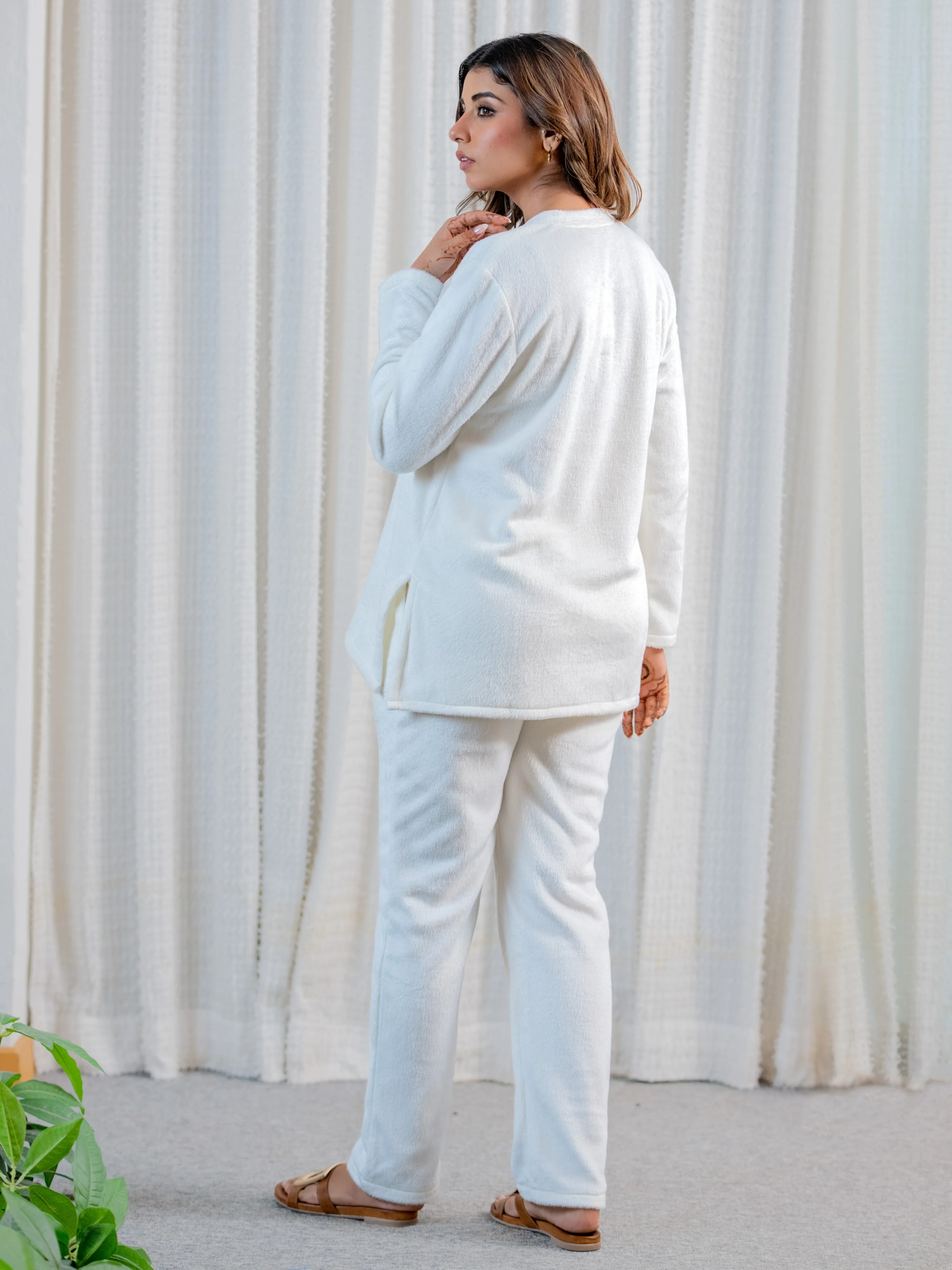 V neck Super Soft White Woollen Lounge Wear Set - Image 7