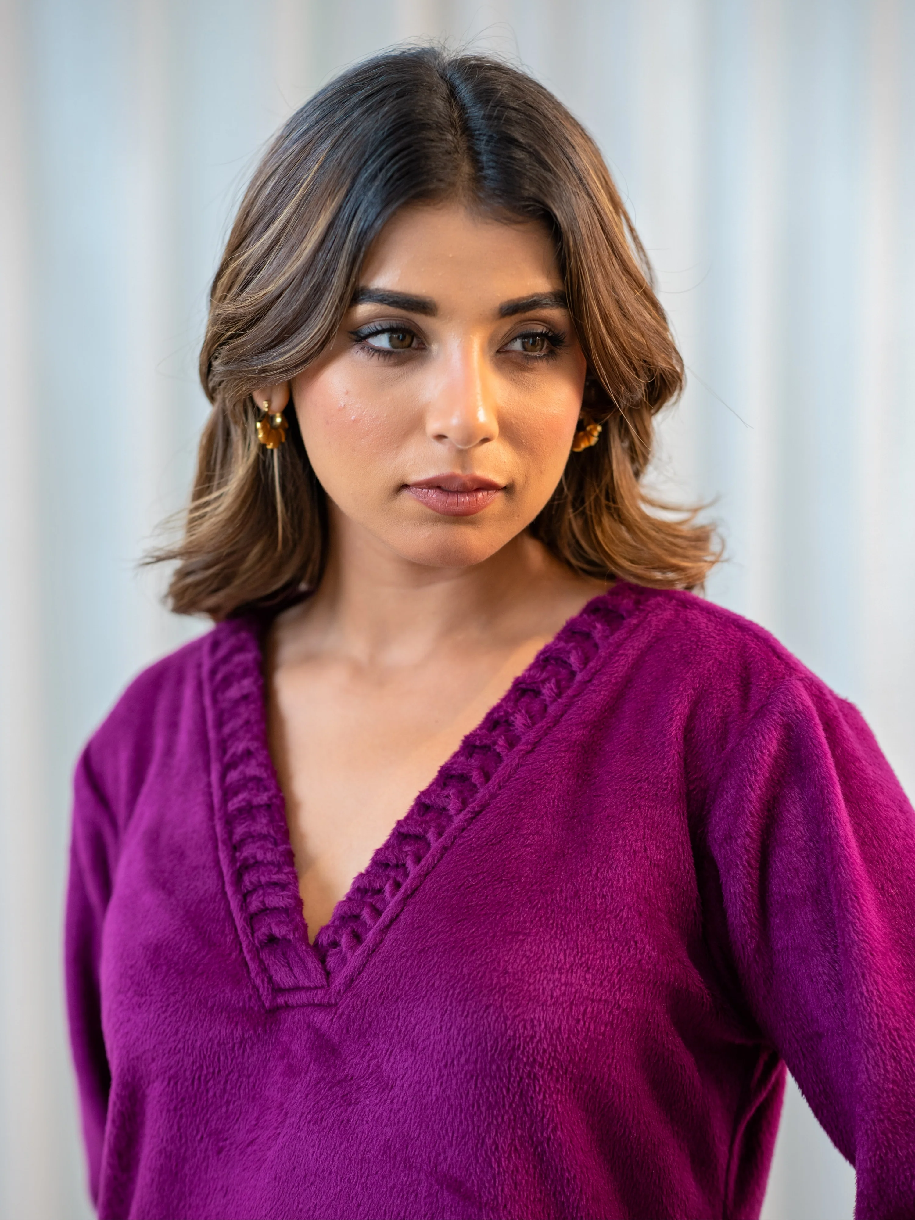 V Neck Super Soft Wine Long Kurta woollen Set - Image 6
