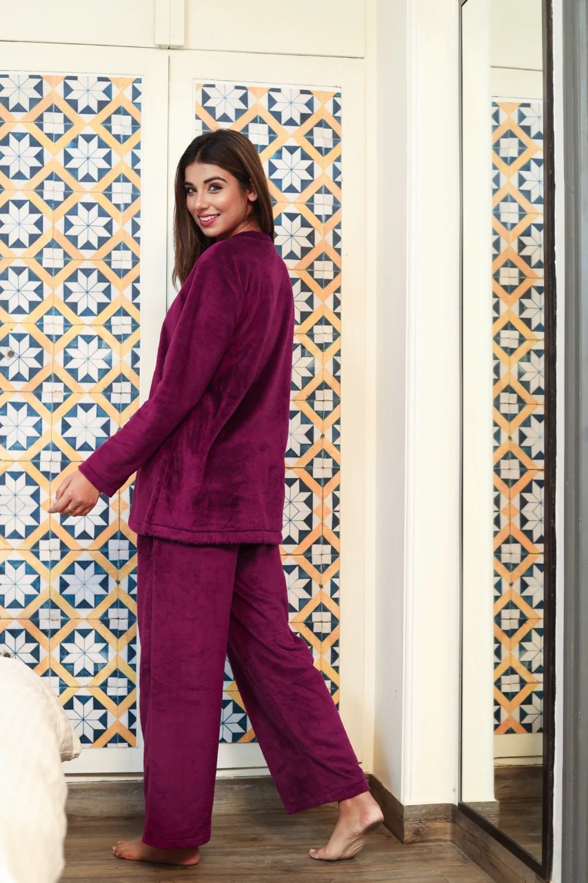 V neck Super Soft wine woollen Lounge Wear Set - Image 4