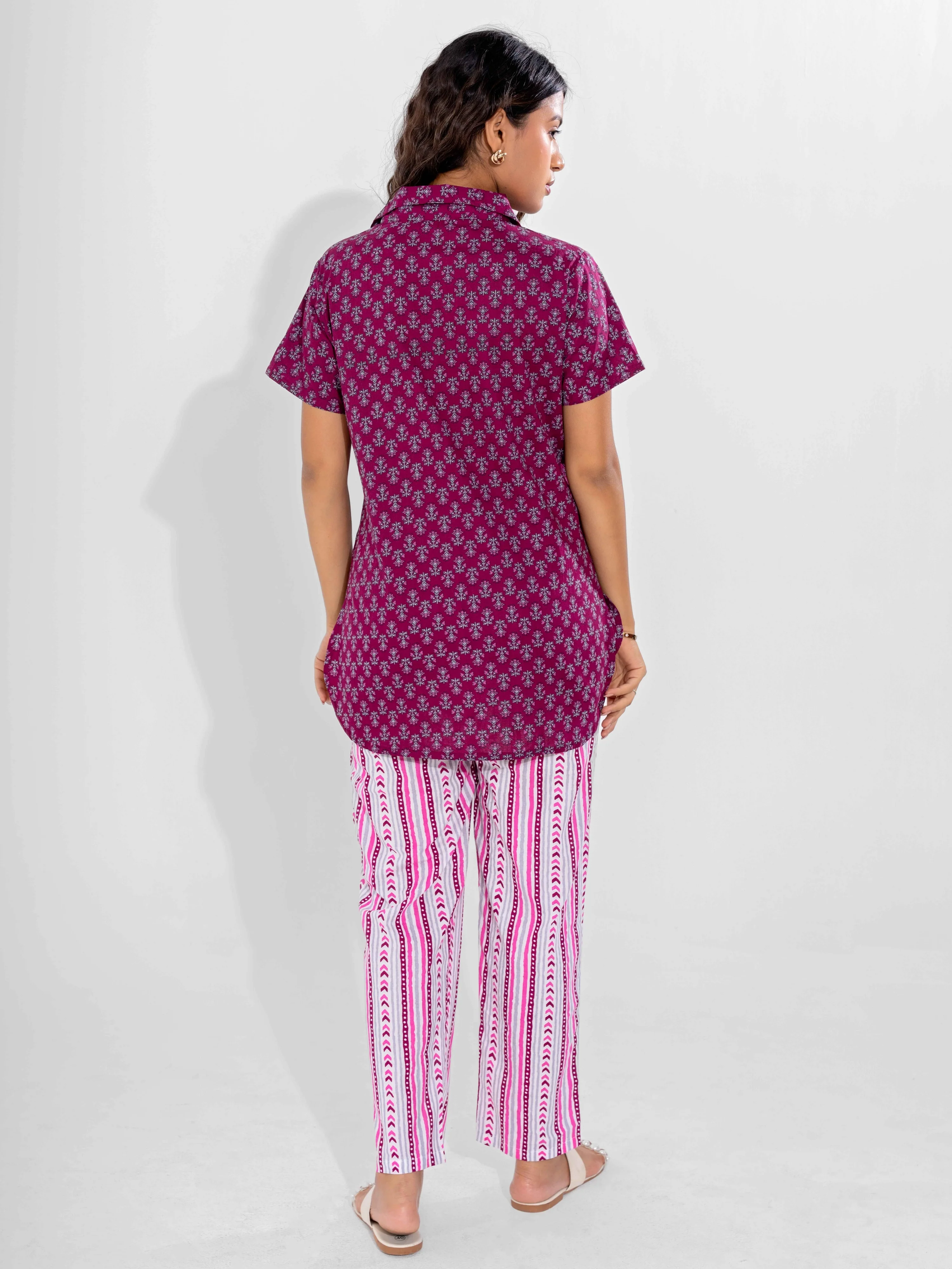 Wine Buta Pure Cotton Short Sleeves Collar Co-Ord Set - Image 3