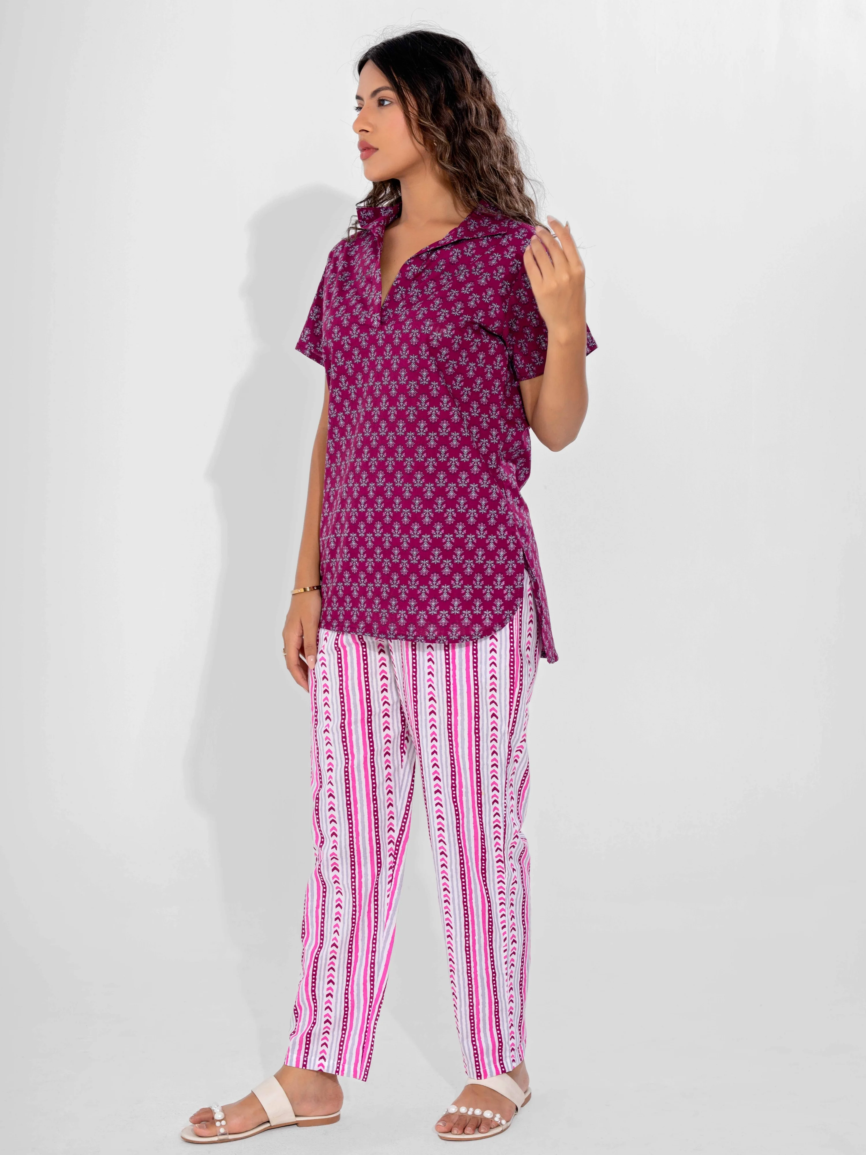Wine Buta Pure Cotton Short Sleeves Collar Co-Ord Set - Image 4