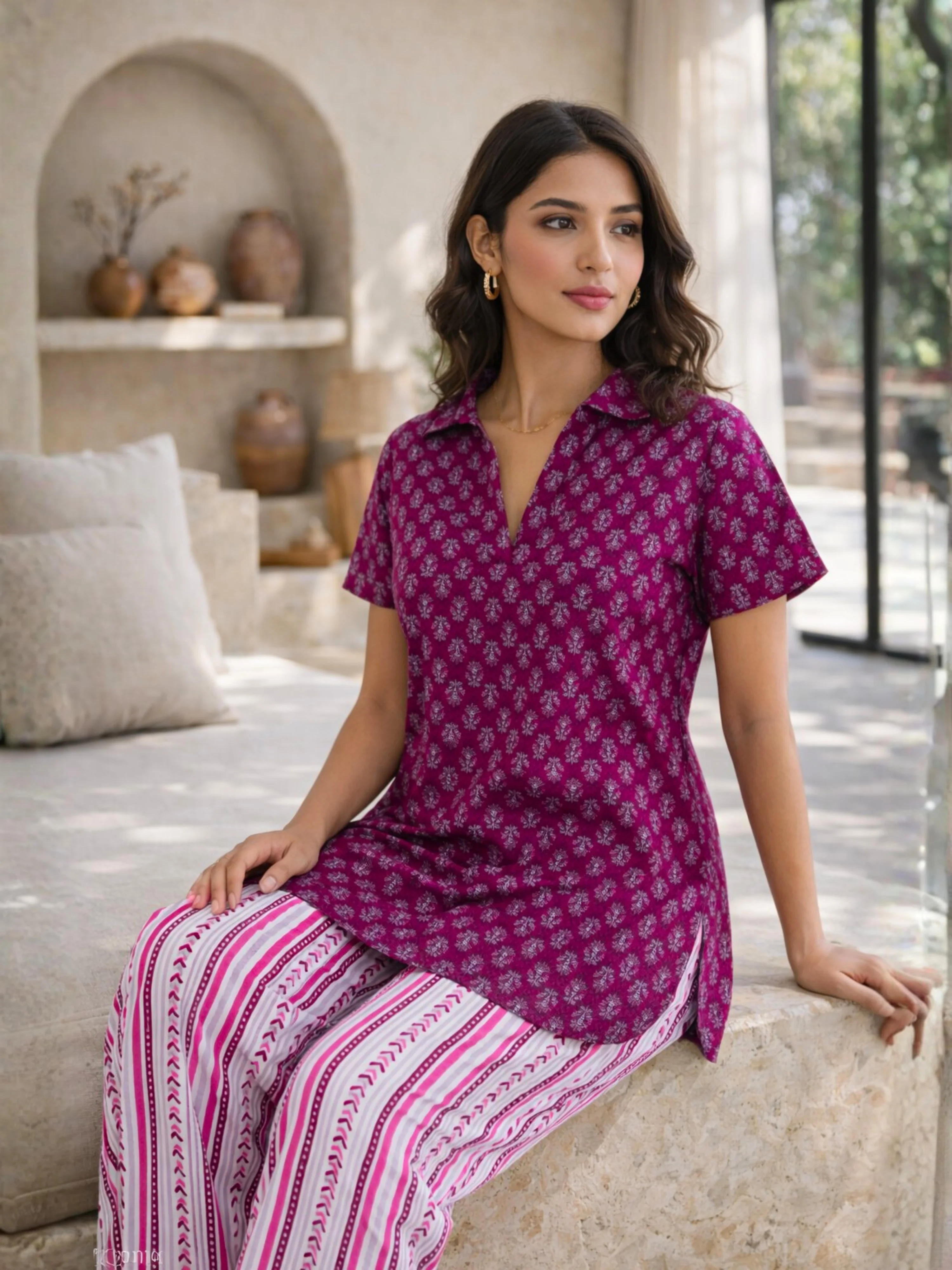 Wine Buta Pure Cotton Short Sleeves Collar Co-Ord Set - Image 5