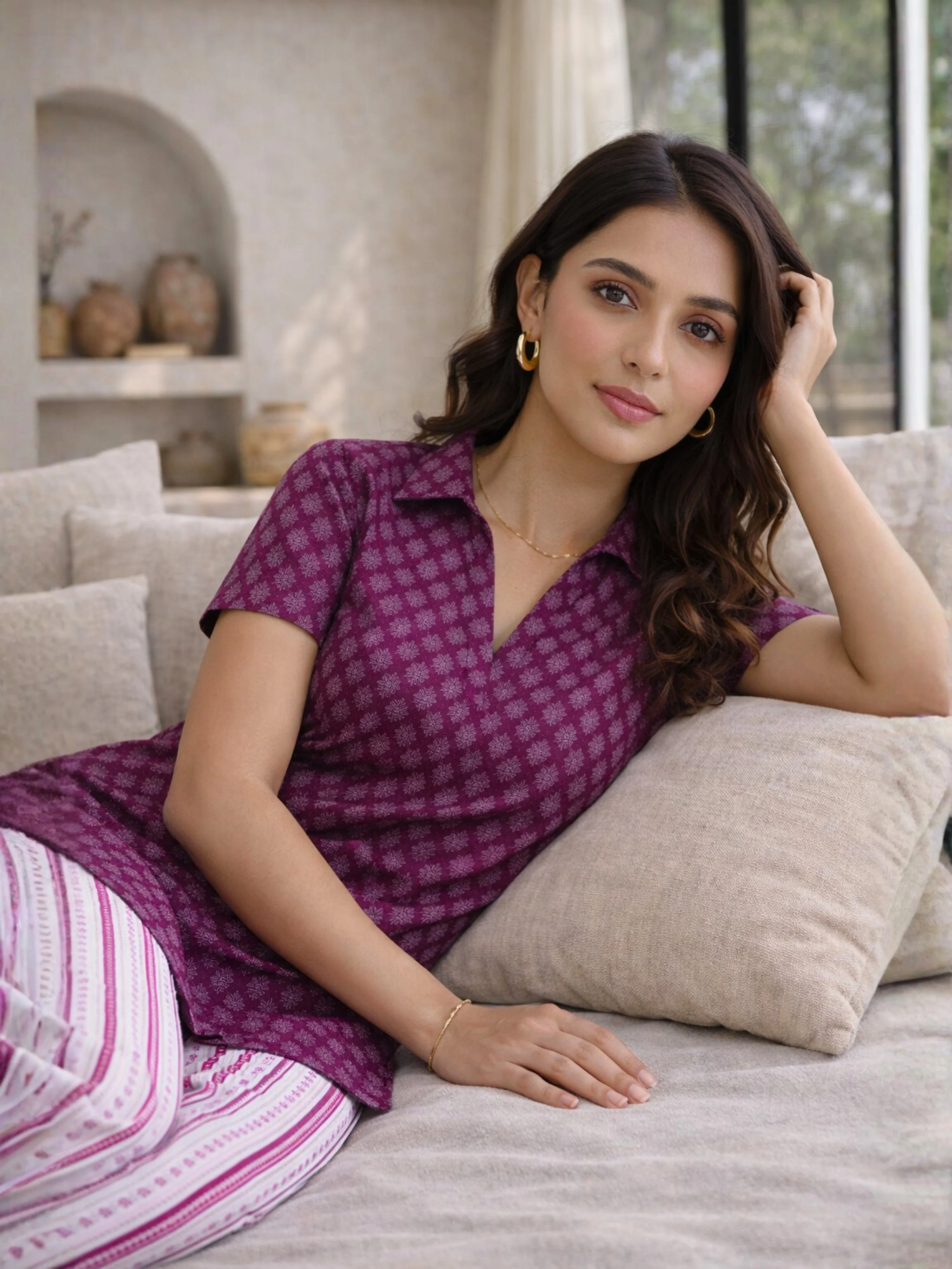Wine Buta Pure Cotton Short Sleeves Collar Co-Ord Set - Image 6