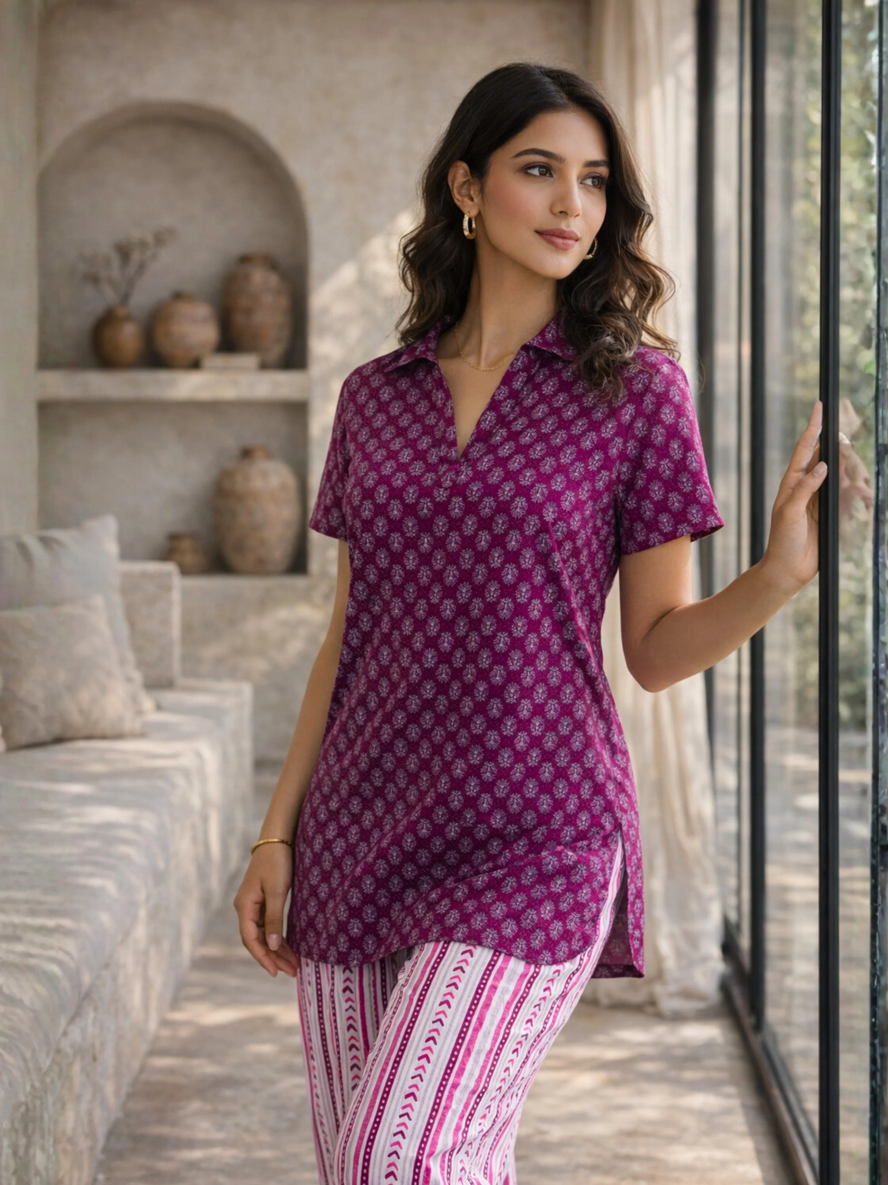 Wine Buta Pure Cotton Short Sleeves Collar Co-Ord Set - Image 7