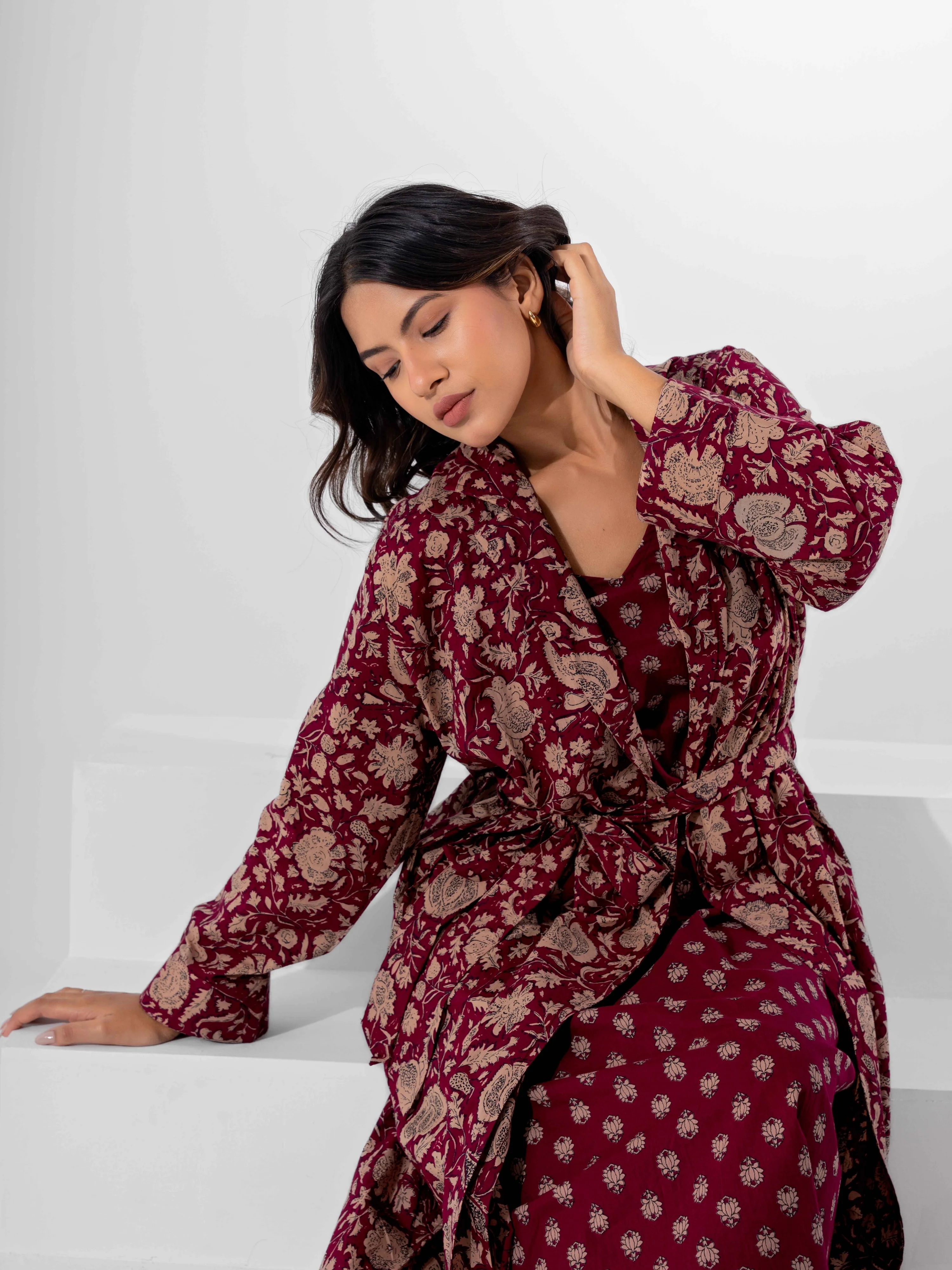 Wine Dust Pure Cotton Collar Robe - Image 8