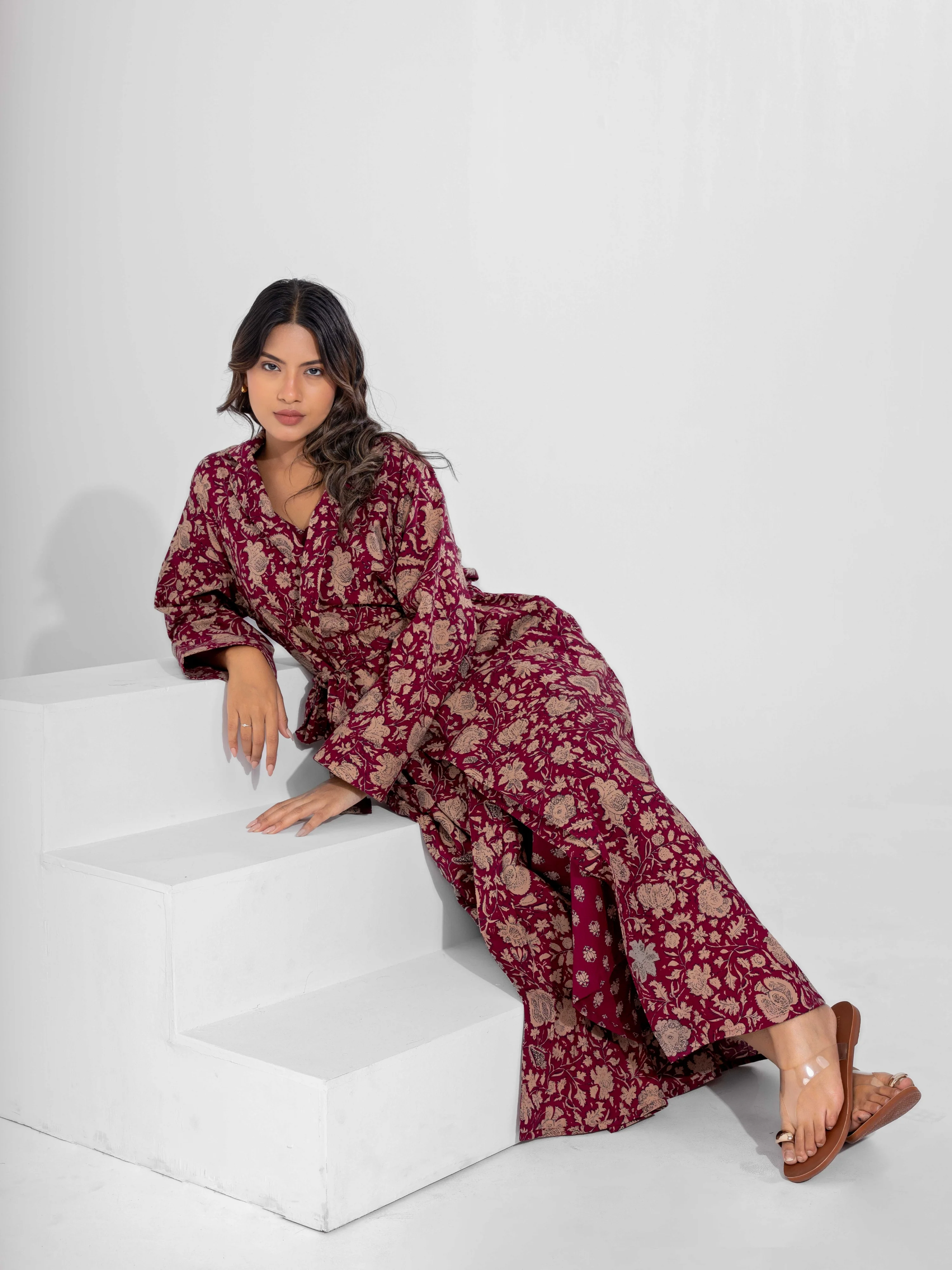 Wine Mocha Pure Cotton V-Neck Midi with Shrug - Image 11