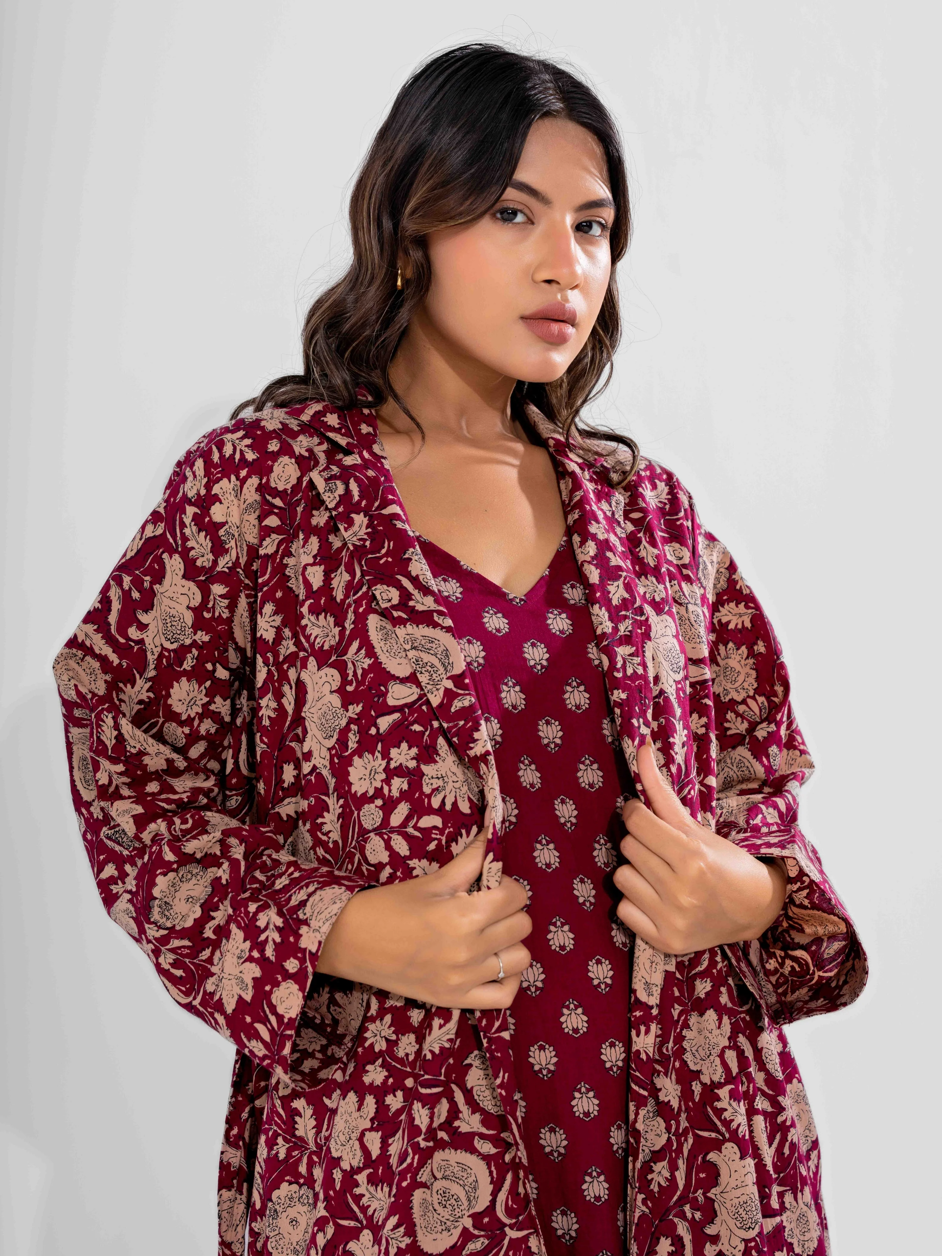 Wine Mocha Pure Cotton V-Neck Midi with Shrug - Image 2