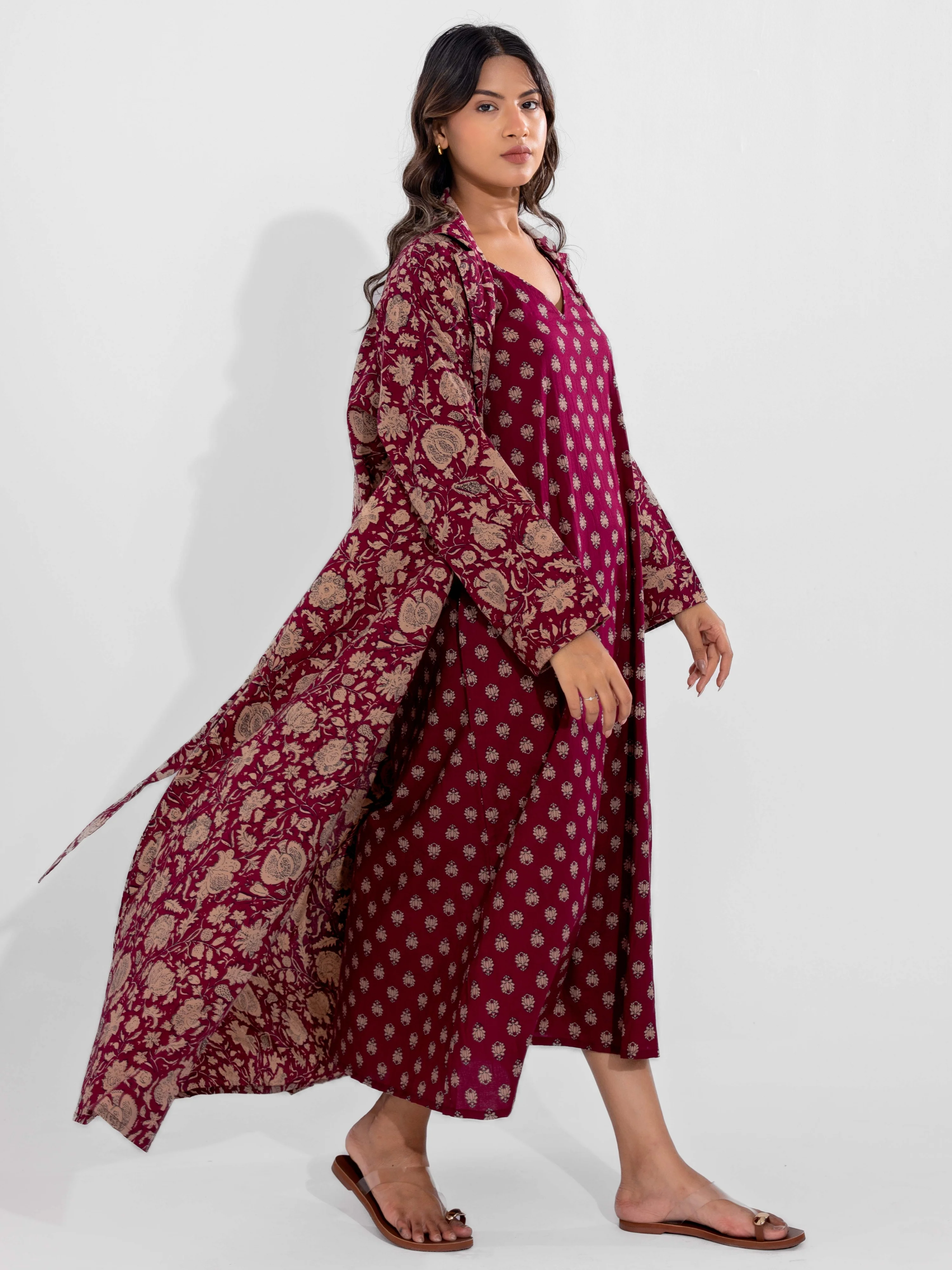 Wine Mocha Pure Cotton V-Neck Midi with Shrug - Image 7