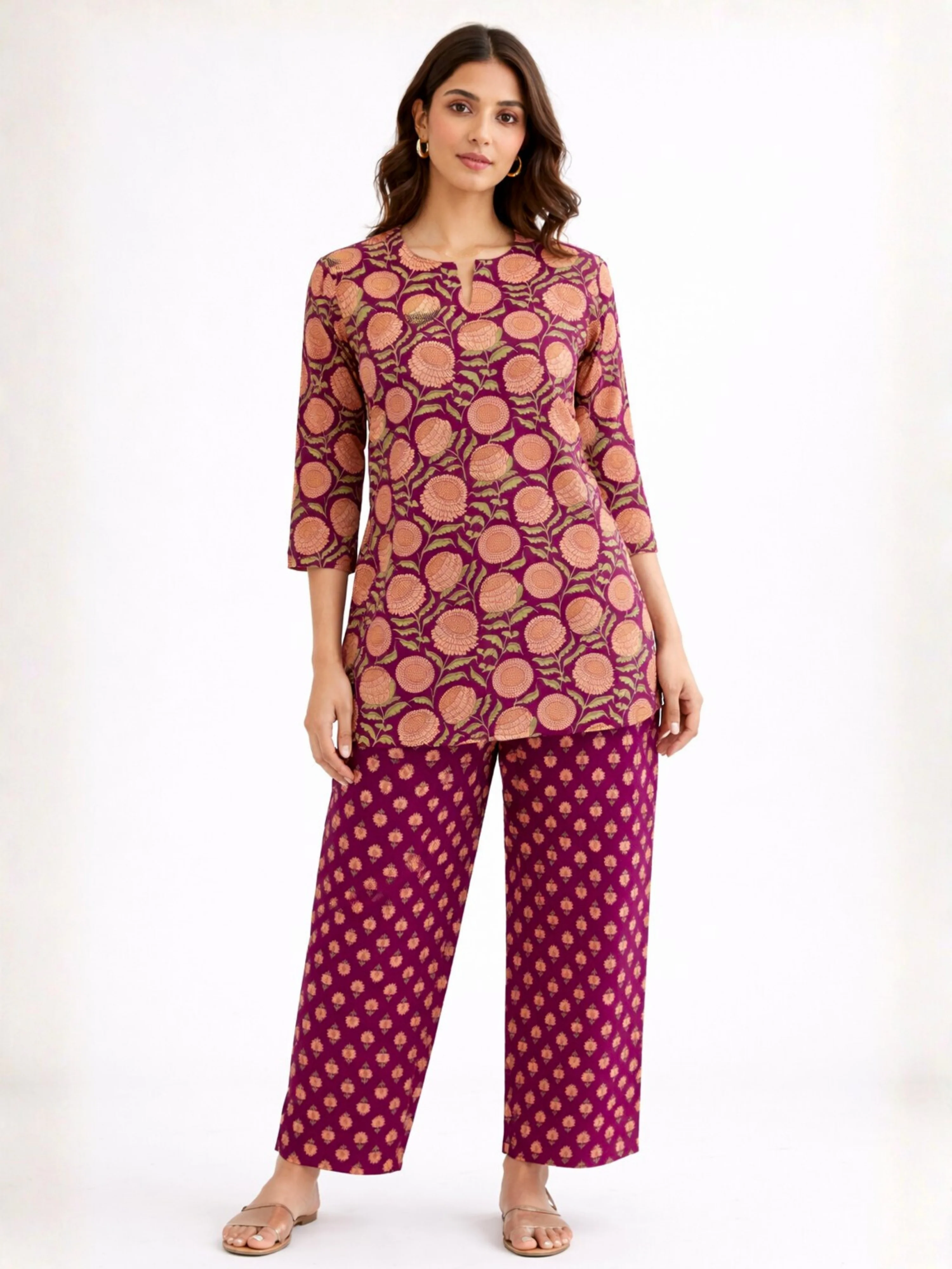 Wine Sunburst Pure Cotton round neck Women's Co-ord Set - Image 4
