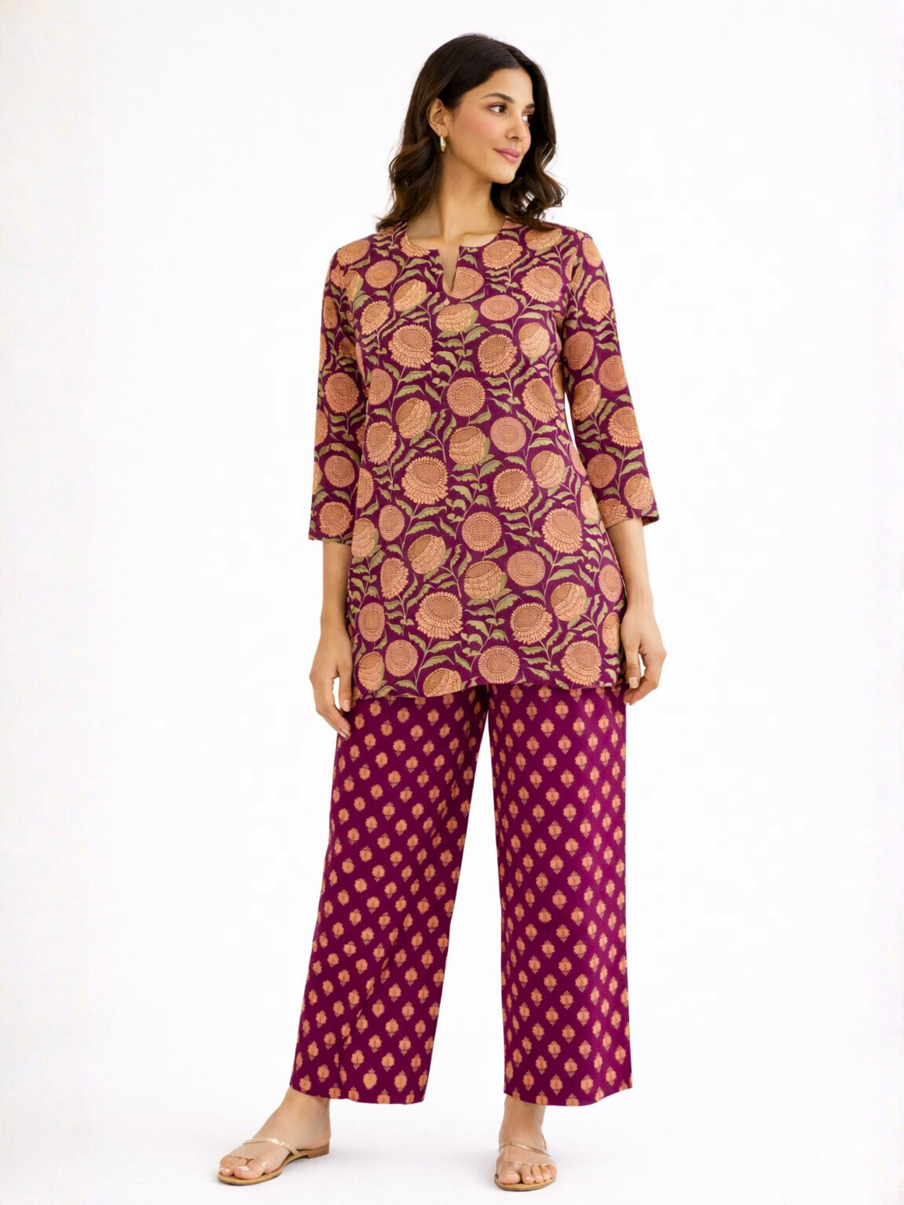 Wine Sunburst Pure Cotton round neck Women's Co-ord Set - Image 5