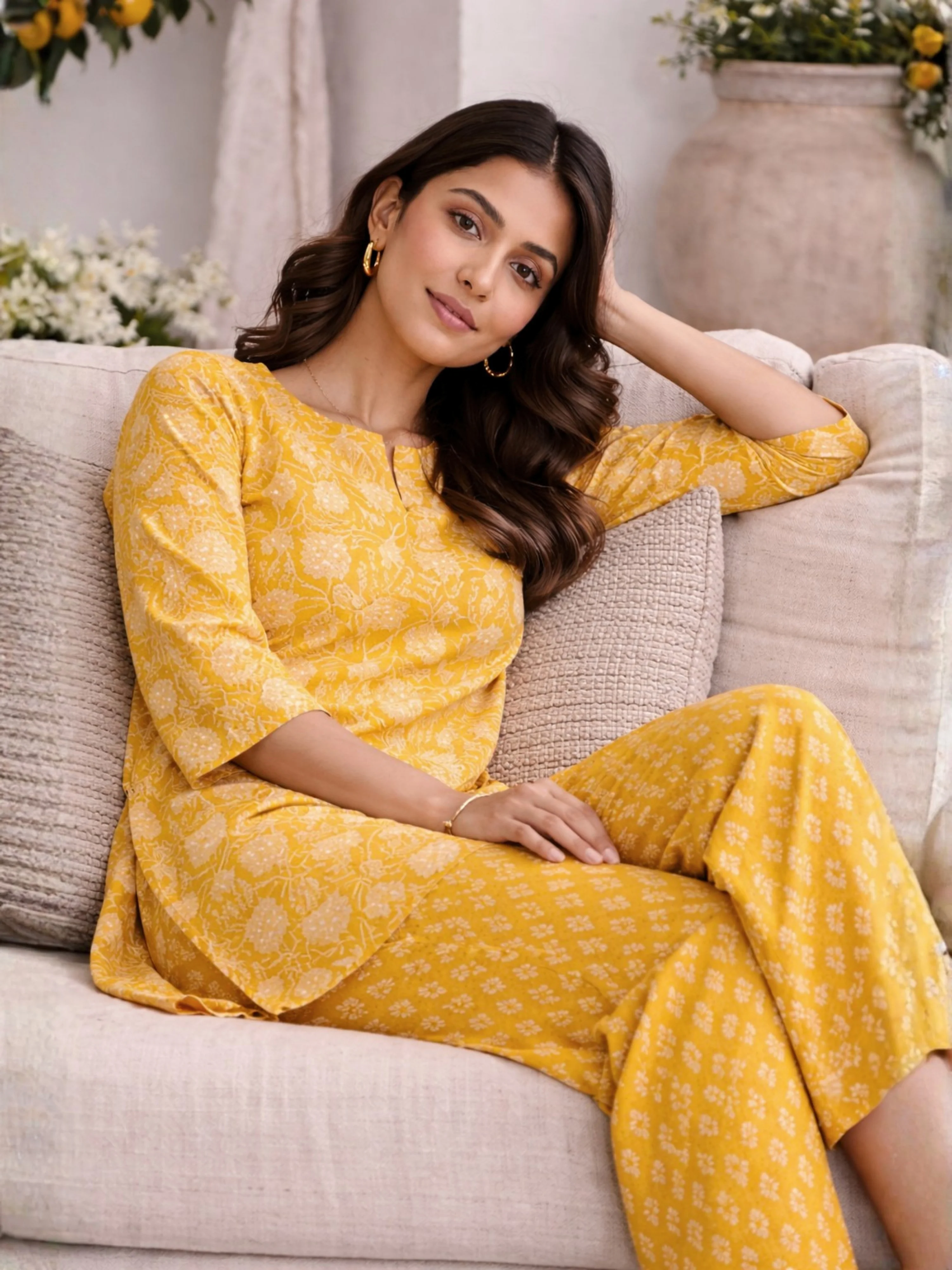 Yellow Bloomscape Print Pure Cotton Round neck Co-ord set - Image 2