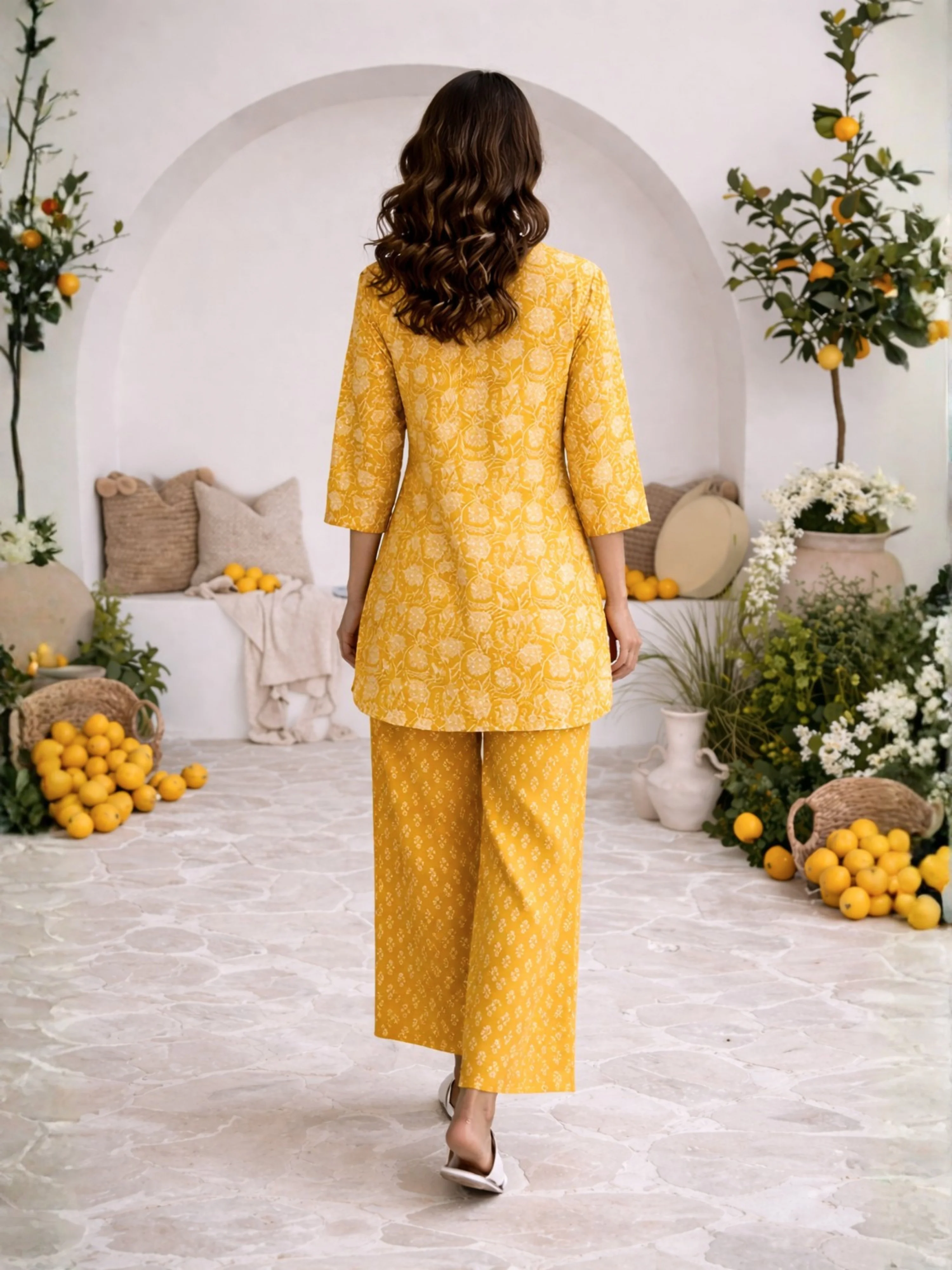 Yellow Bloomscape Print Pure Cotton Round neck Co-ord set - Image 3