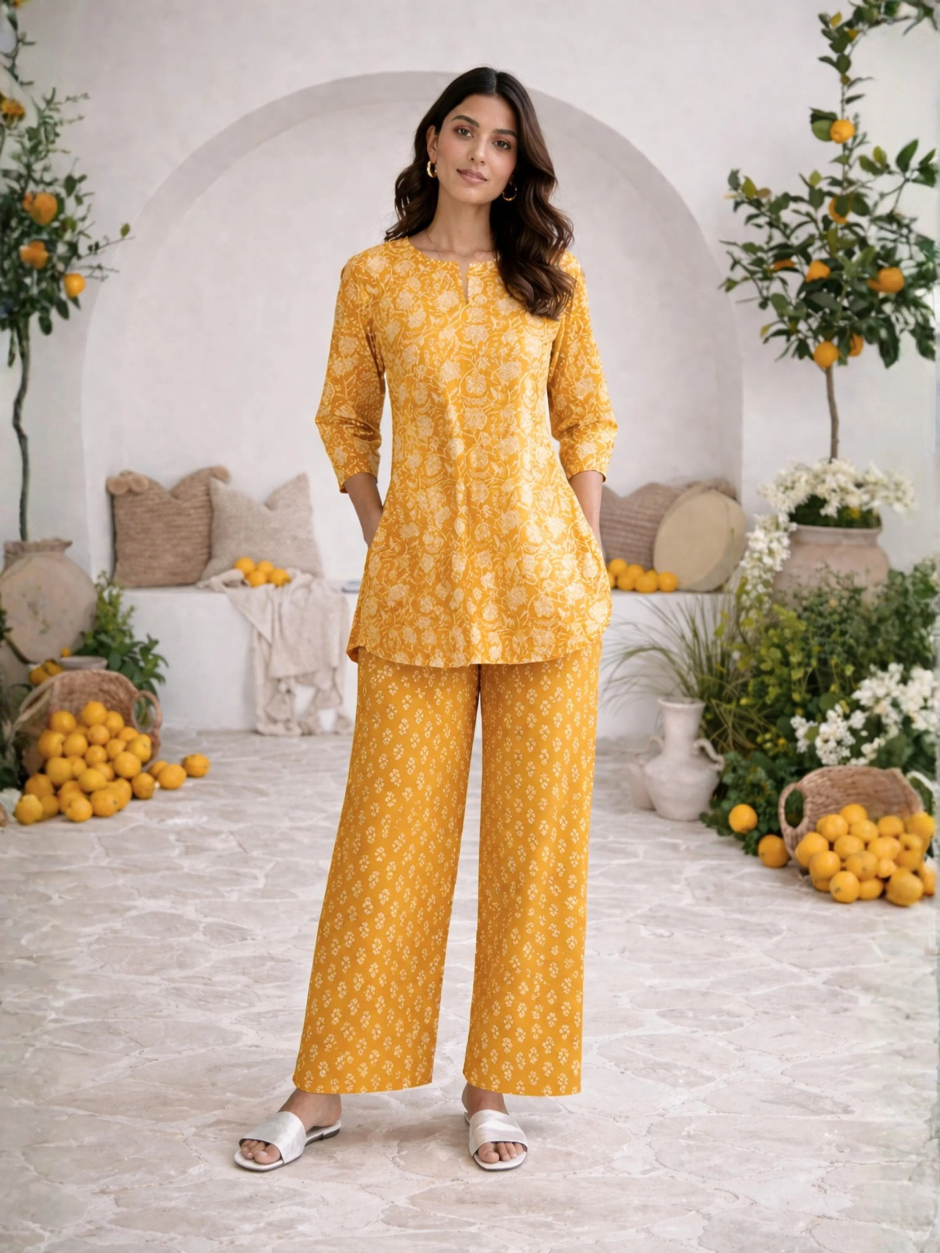 Yellow Bloomscape Print Pure Cotton Round neck Co-ord set - Image 4