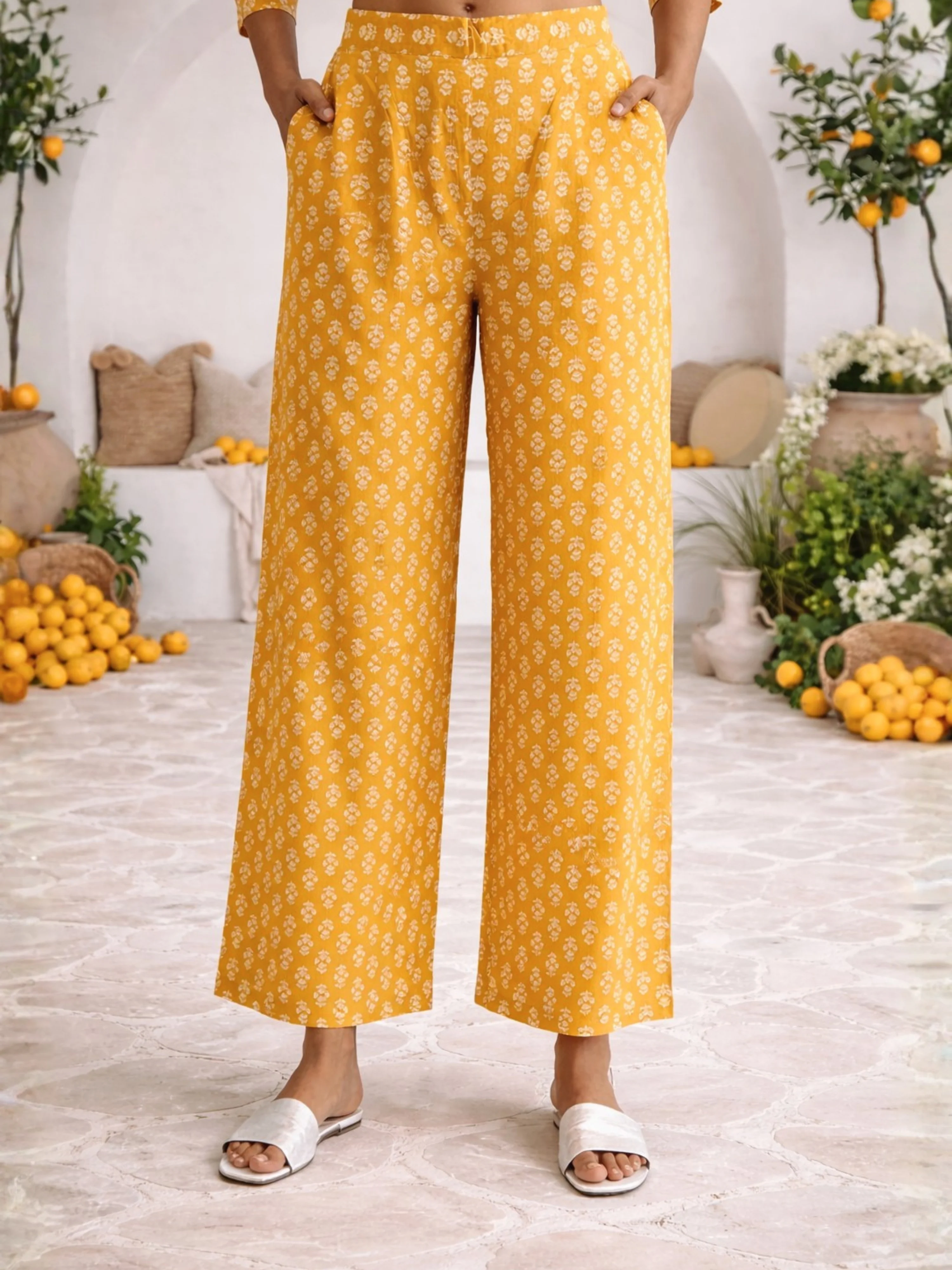 Yellow Bloomscape Print Pure Cotton Round neck Co-ord set - Image 5