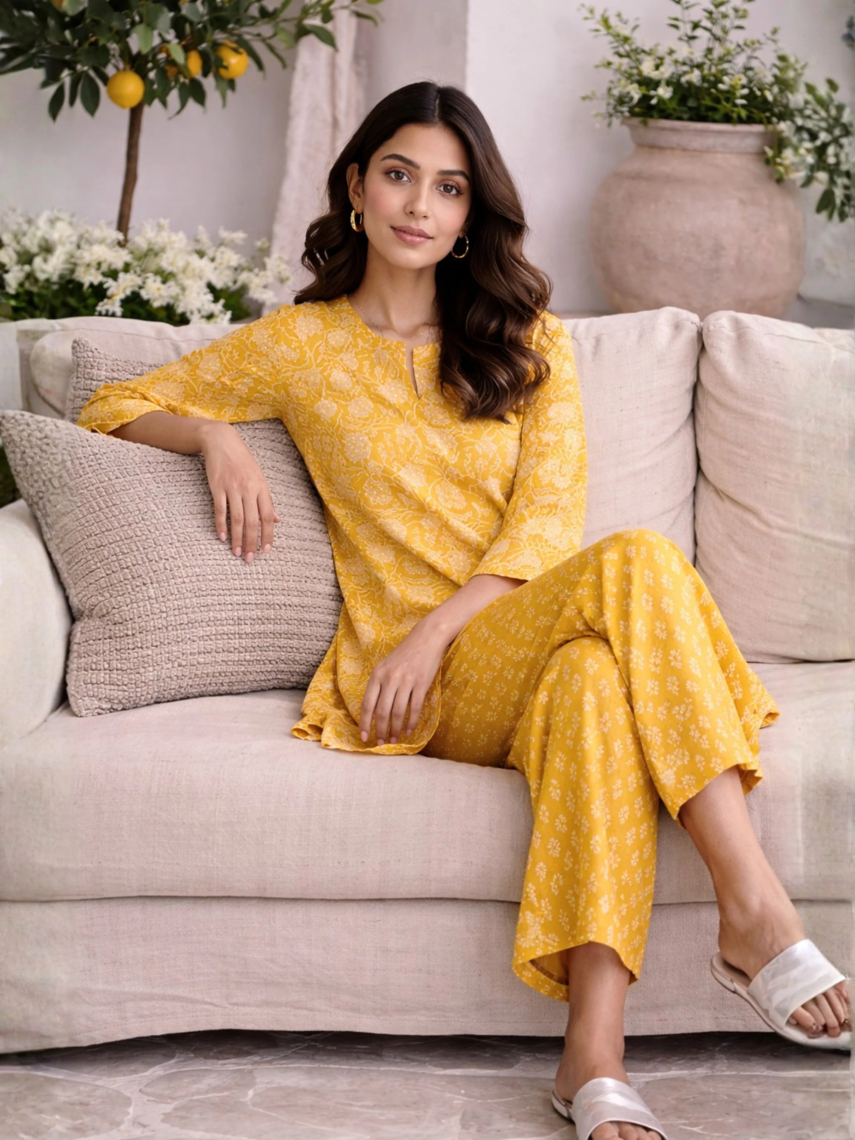 Yellow Bloomscape Print Pure Cotton Round neck Co-ord set - Image 6