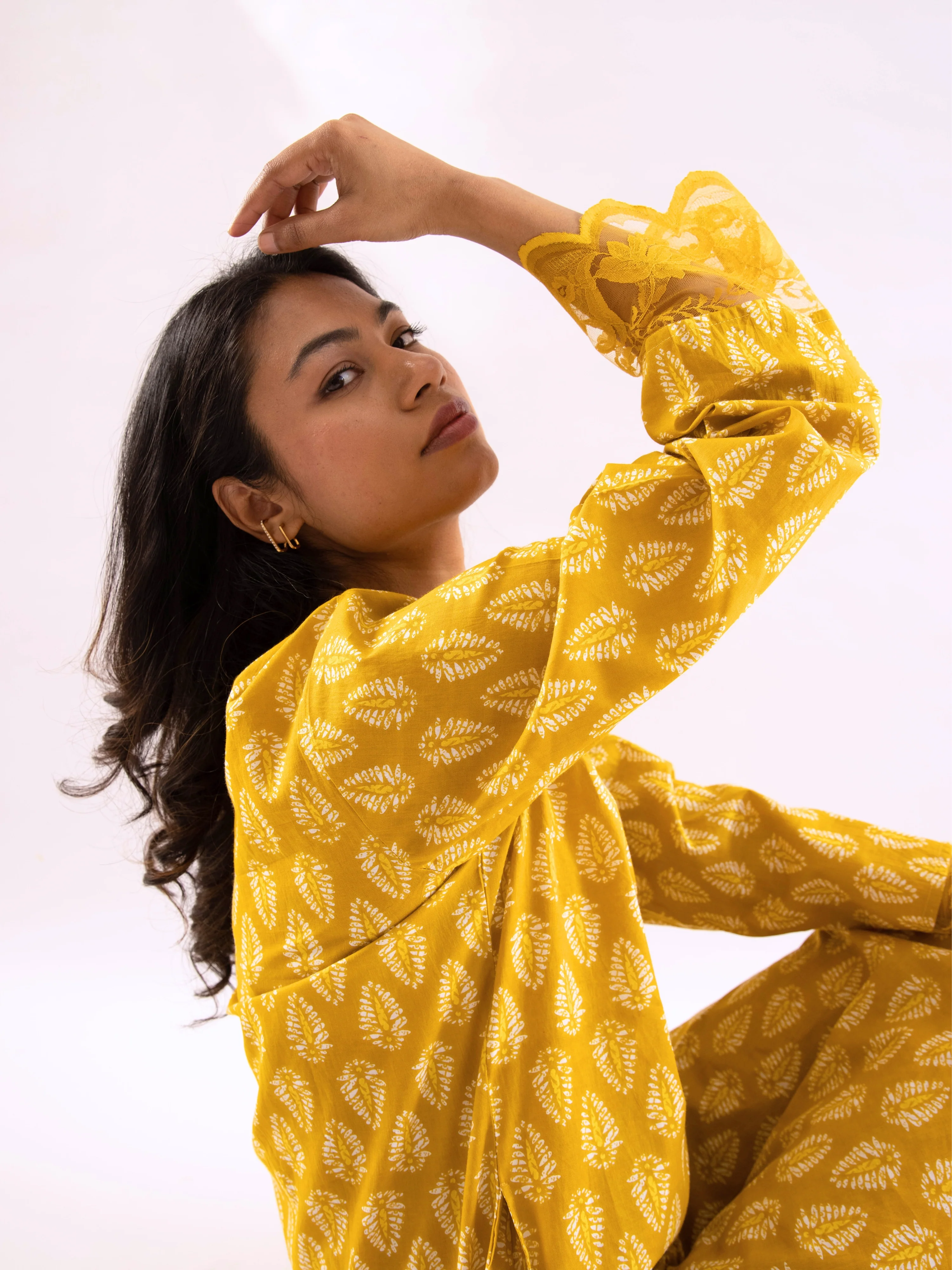 Yellow Bloom Lacy Pure Cotton V neck Night Maxi - Image 10