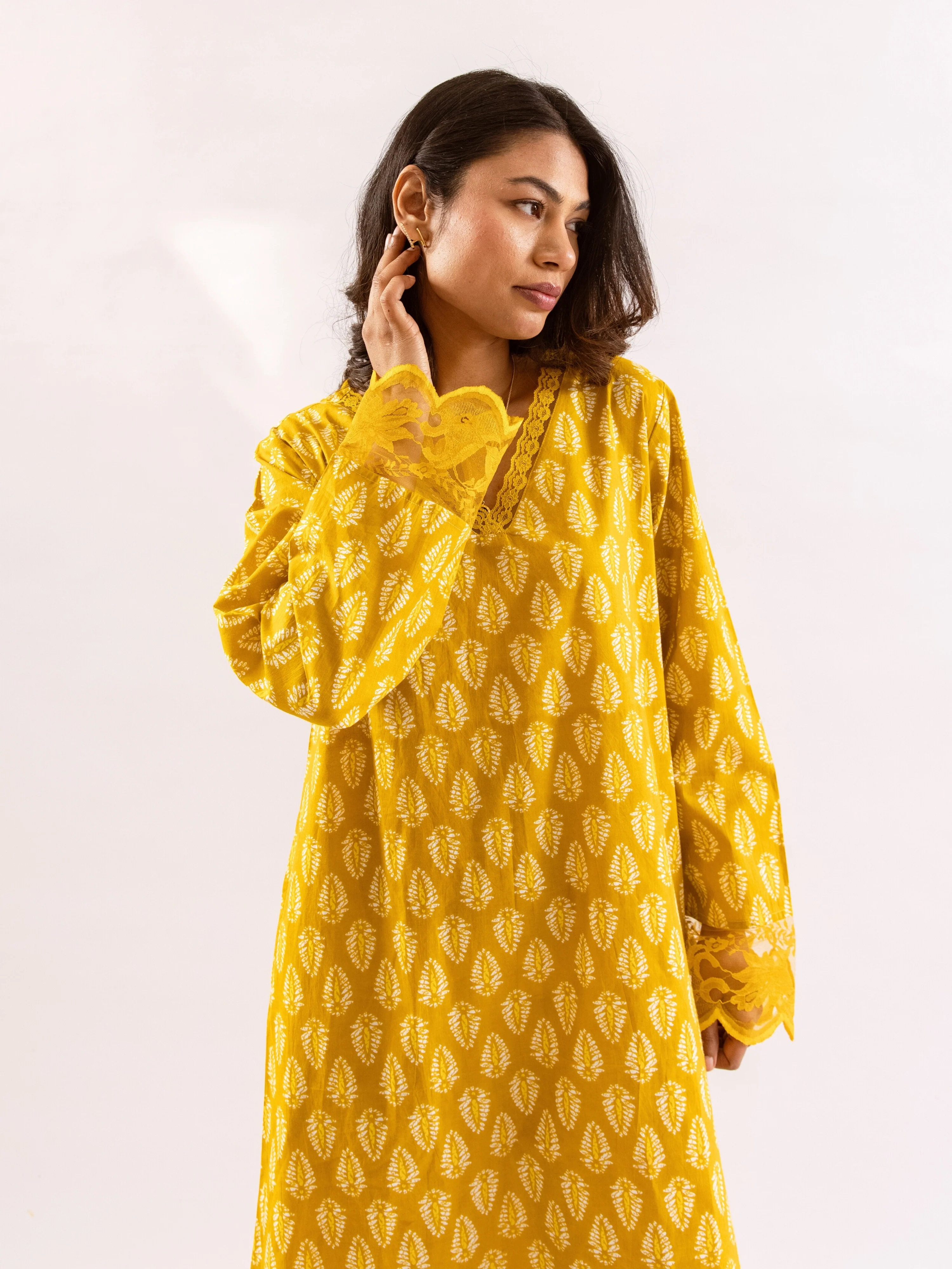 Yellow Bloom Lacy Pure Cotton V neck Night Maxi - Image 11
