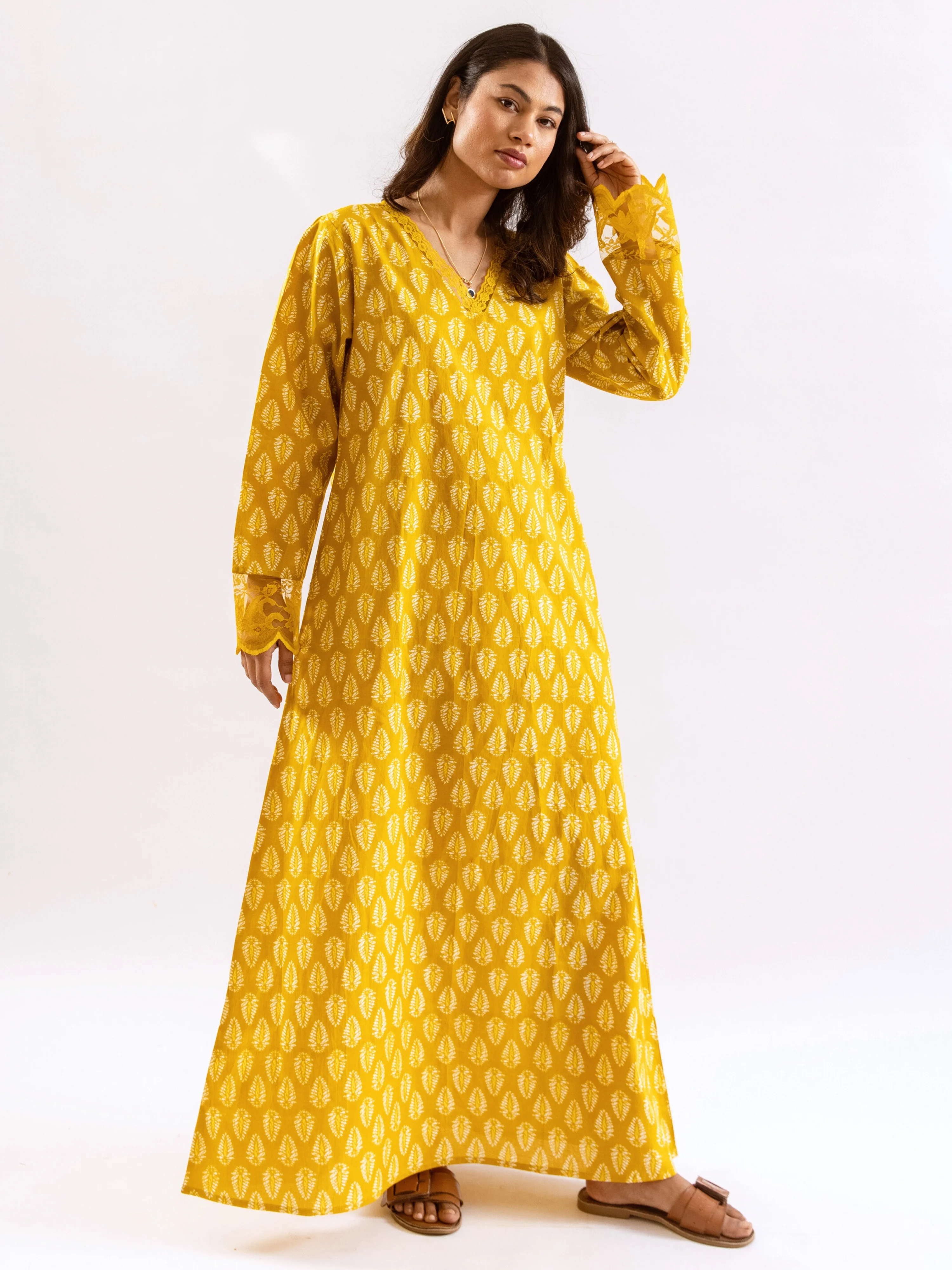Yellow Bloom Lacy Pure Cotton V neck Night Maxi - Image 12