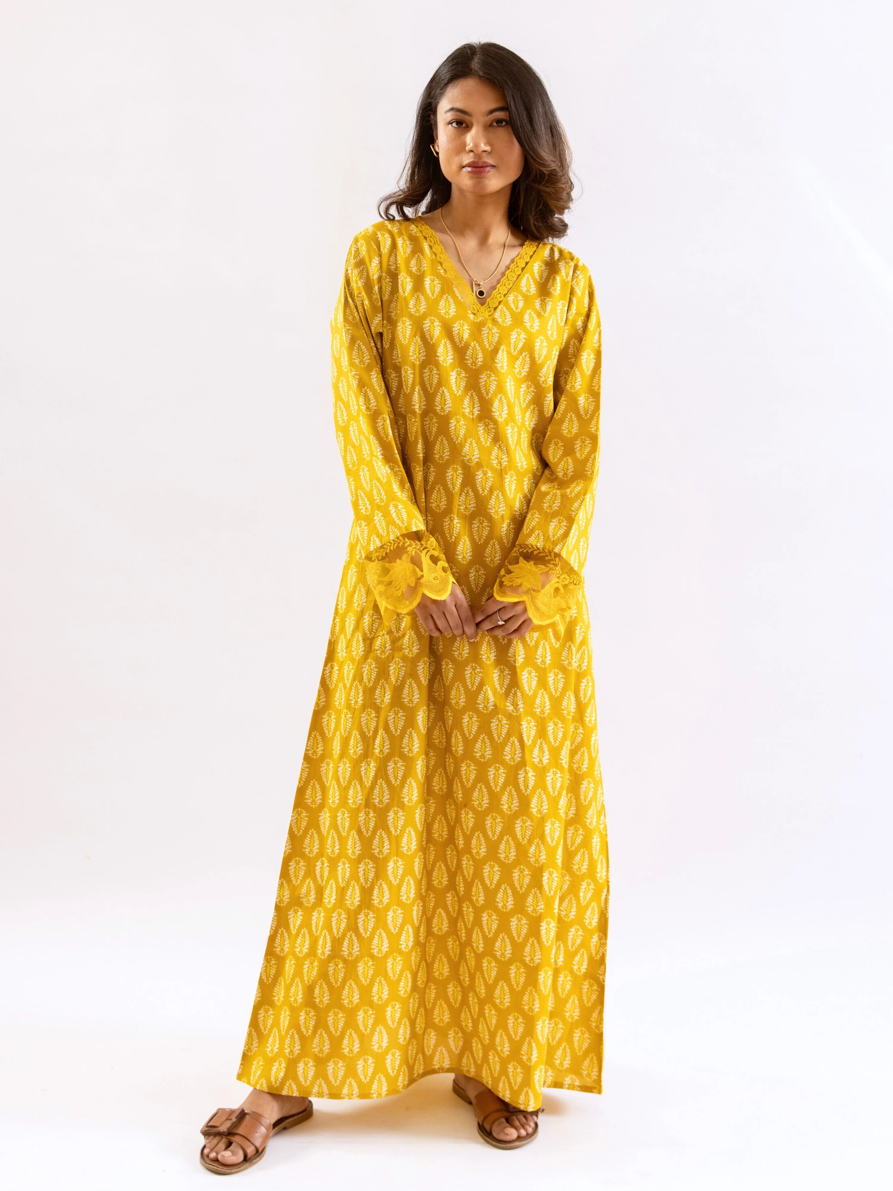 Yellow Bloom Lacy Pure Cotton V neck Night Maxi - Image 13