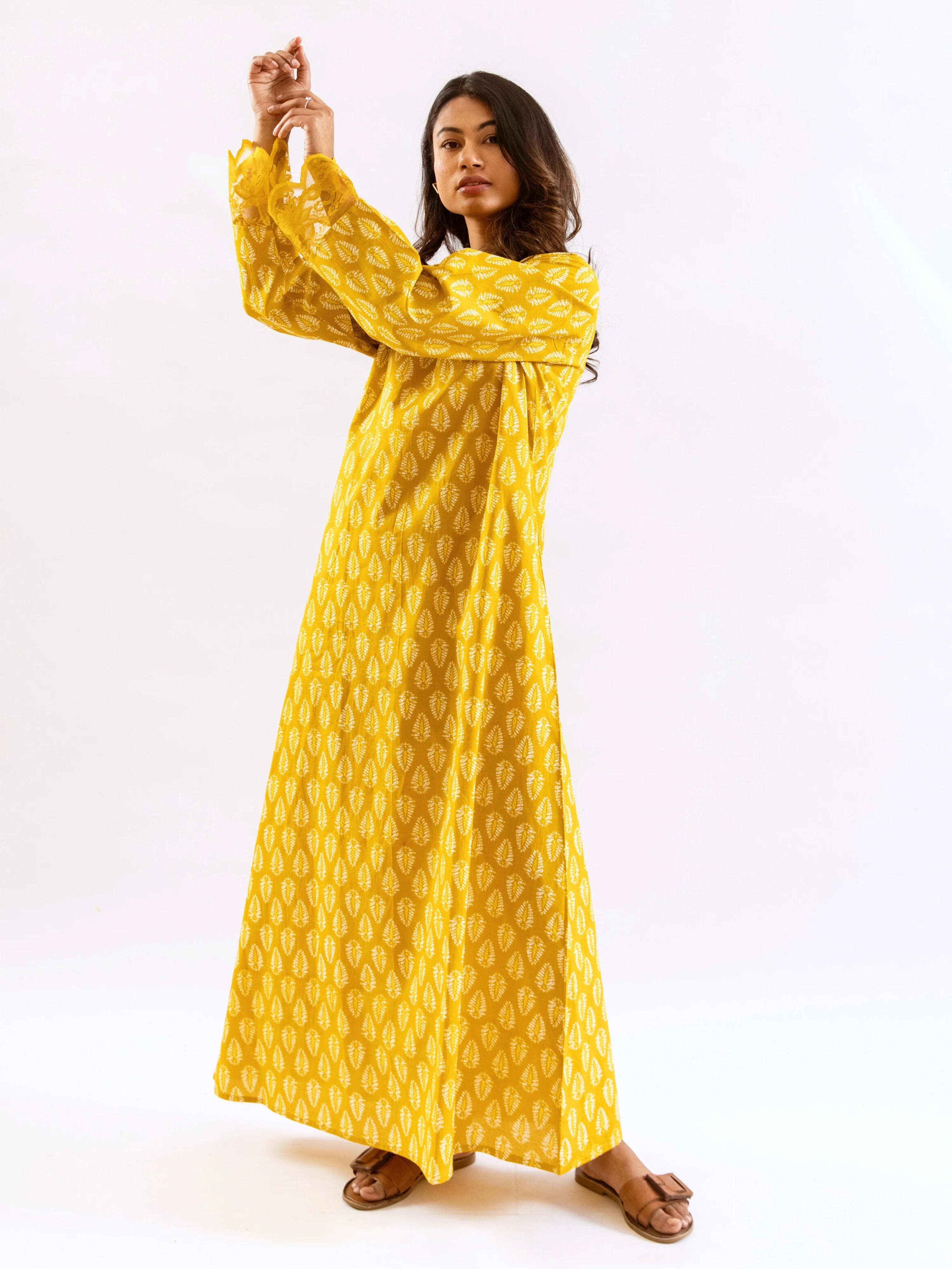 Yellow Bloom Lacy Pure Cotton V neck Night Maxi - Image 14