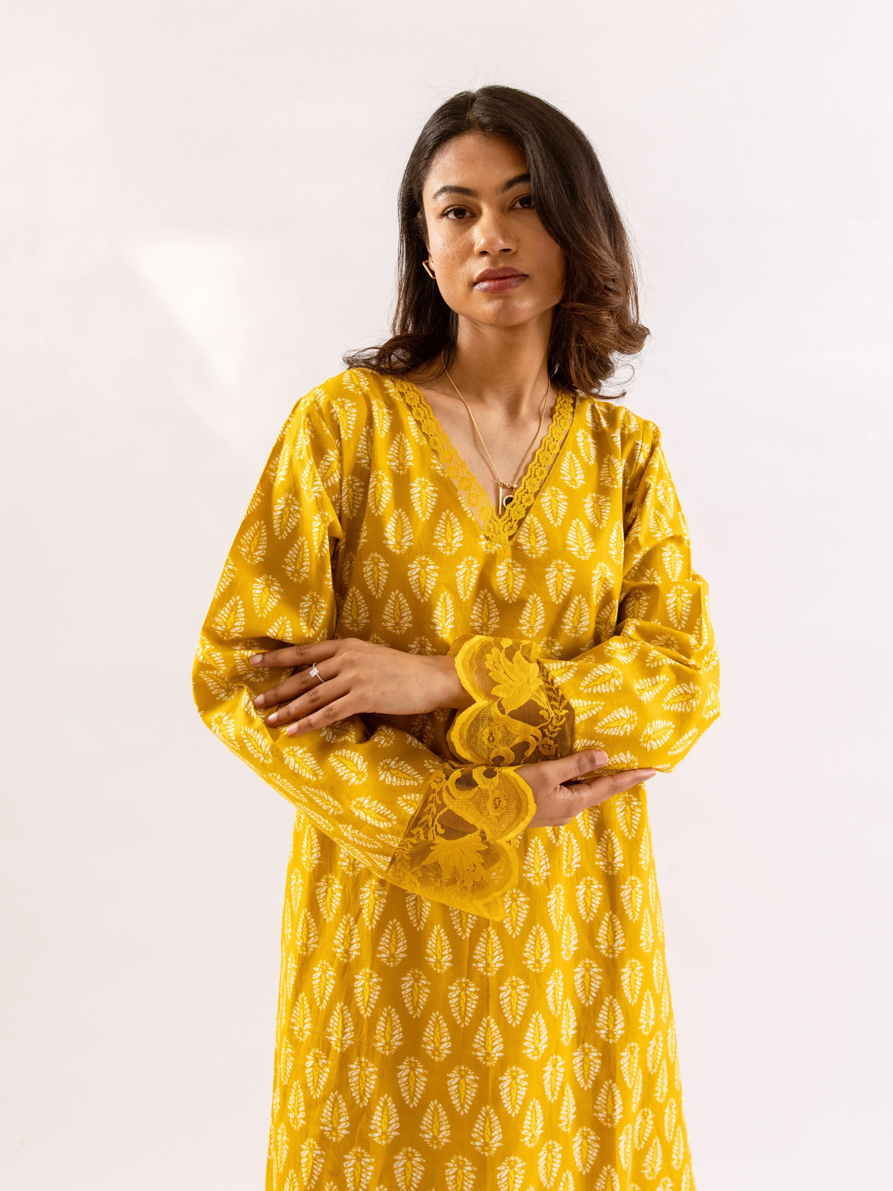Yellow Bloom Lacy Pure Cotton V neck Night Maxi - Image 15