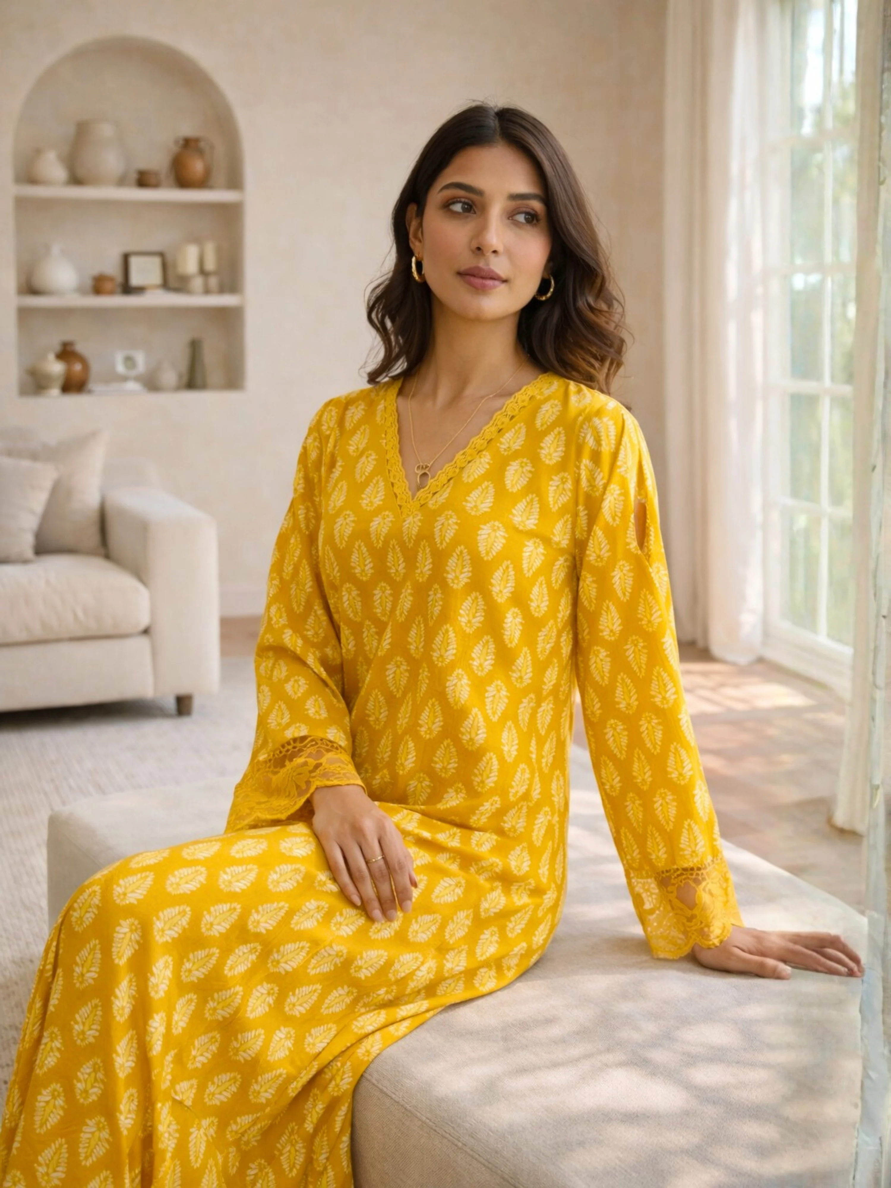 Yellow Bloom Lacy Pure Cotton V neck Night Maxi - Image 3