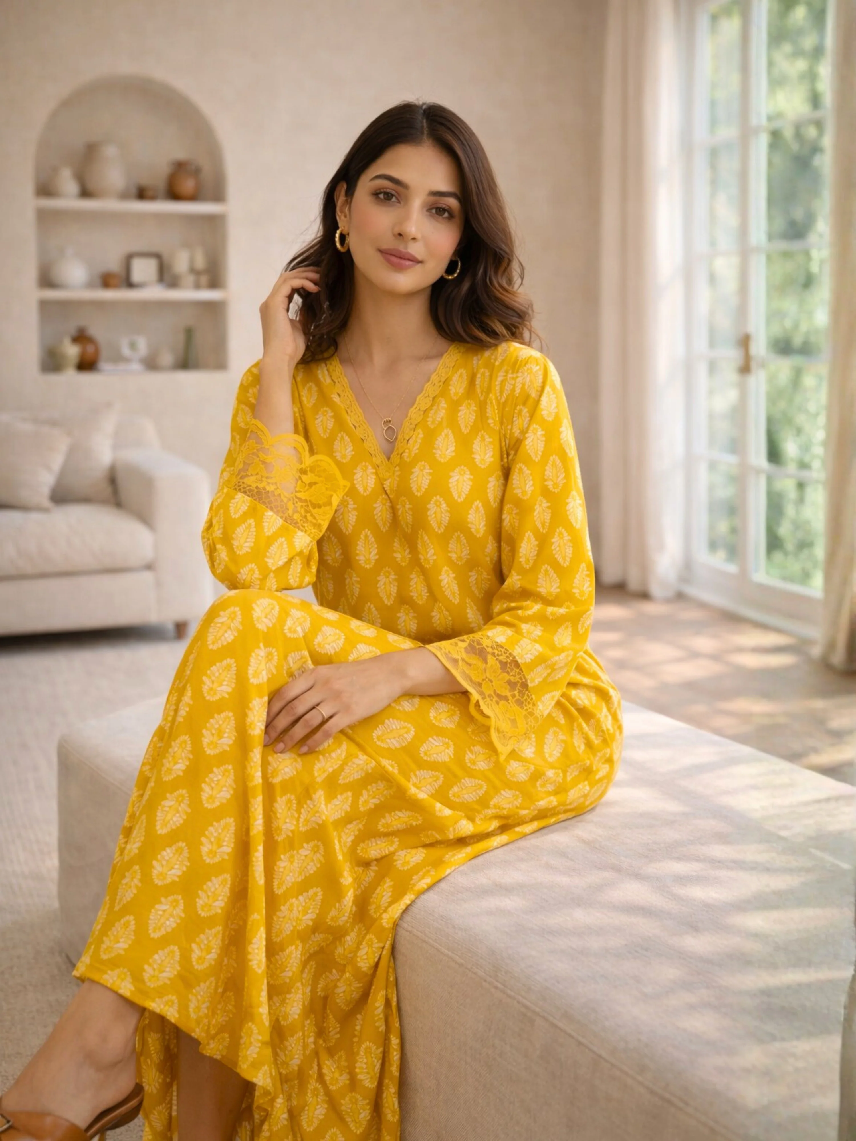 Yellow Bloom Lacy Pure Cotton V neck Night Maxi - Image 4