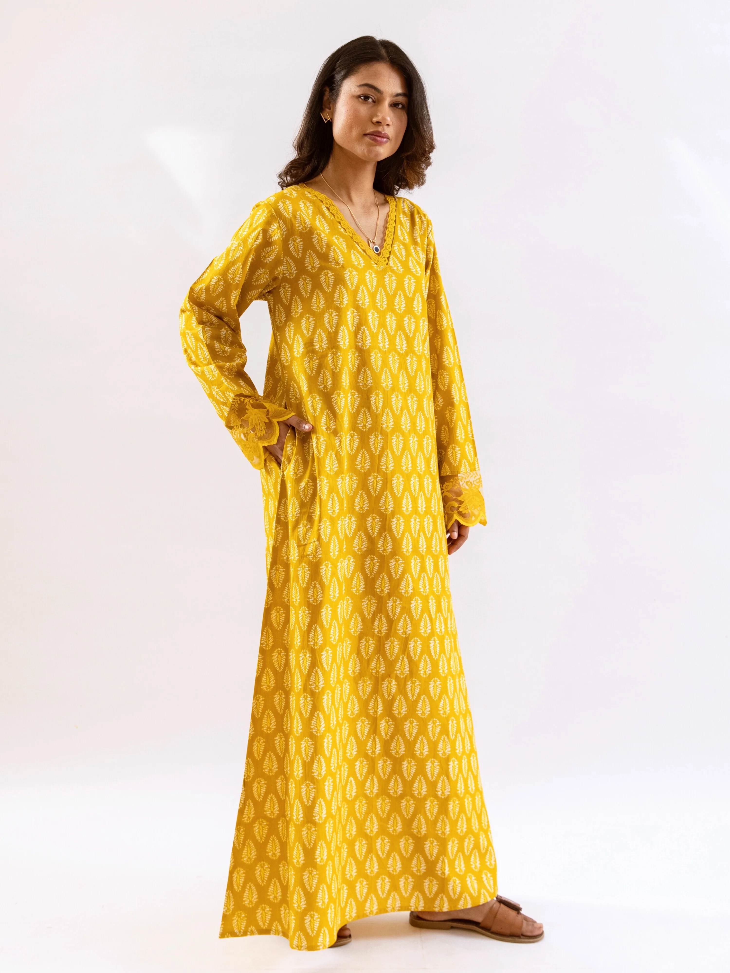 Yellow Bloom Lacy Pure Cotton V neck Night Maxi - Image 5