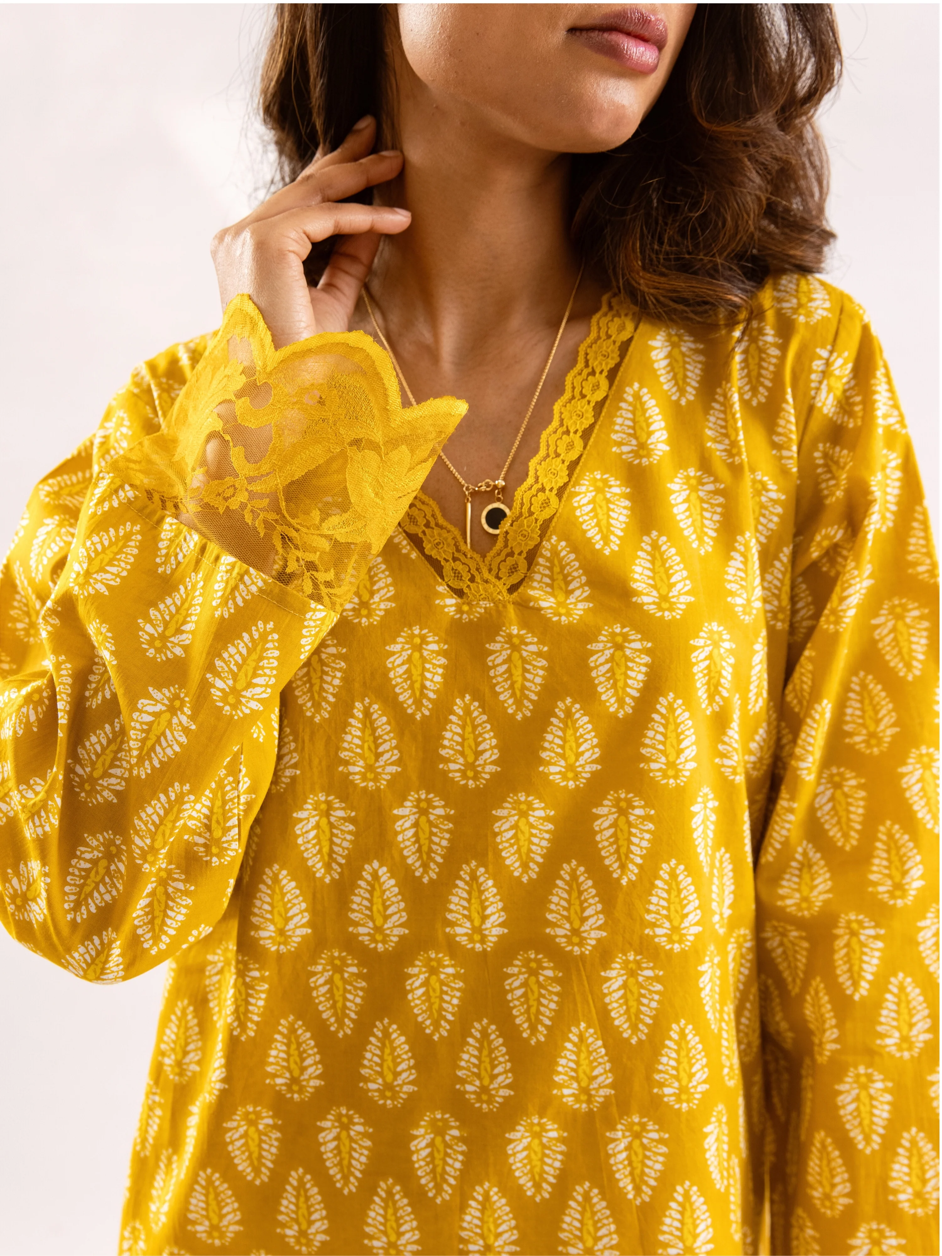 Yellow Bloom Lacy Pure Cotton V neck Night Maxi - Image 6