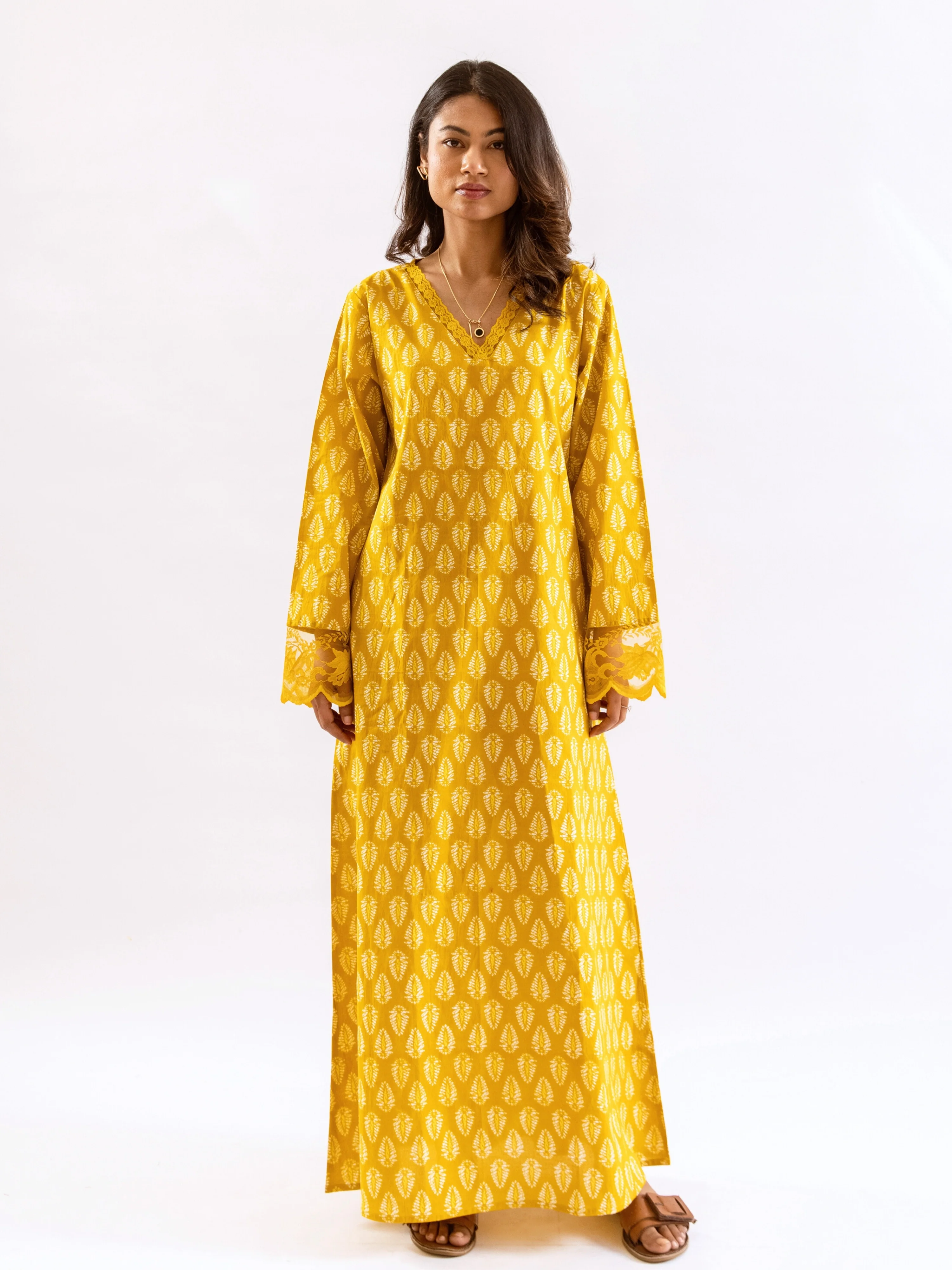 Yellow Bloom Lacy Pure Cotton V neck Night Maxi - Image 8