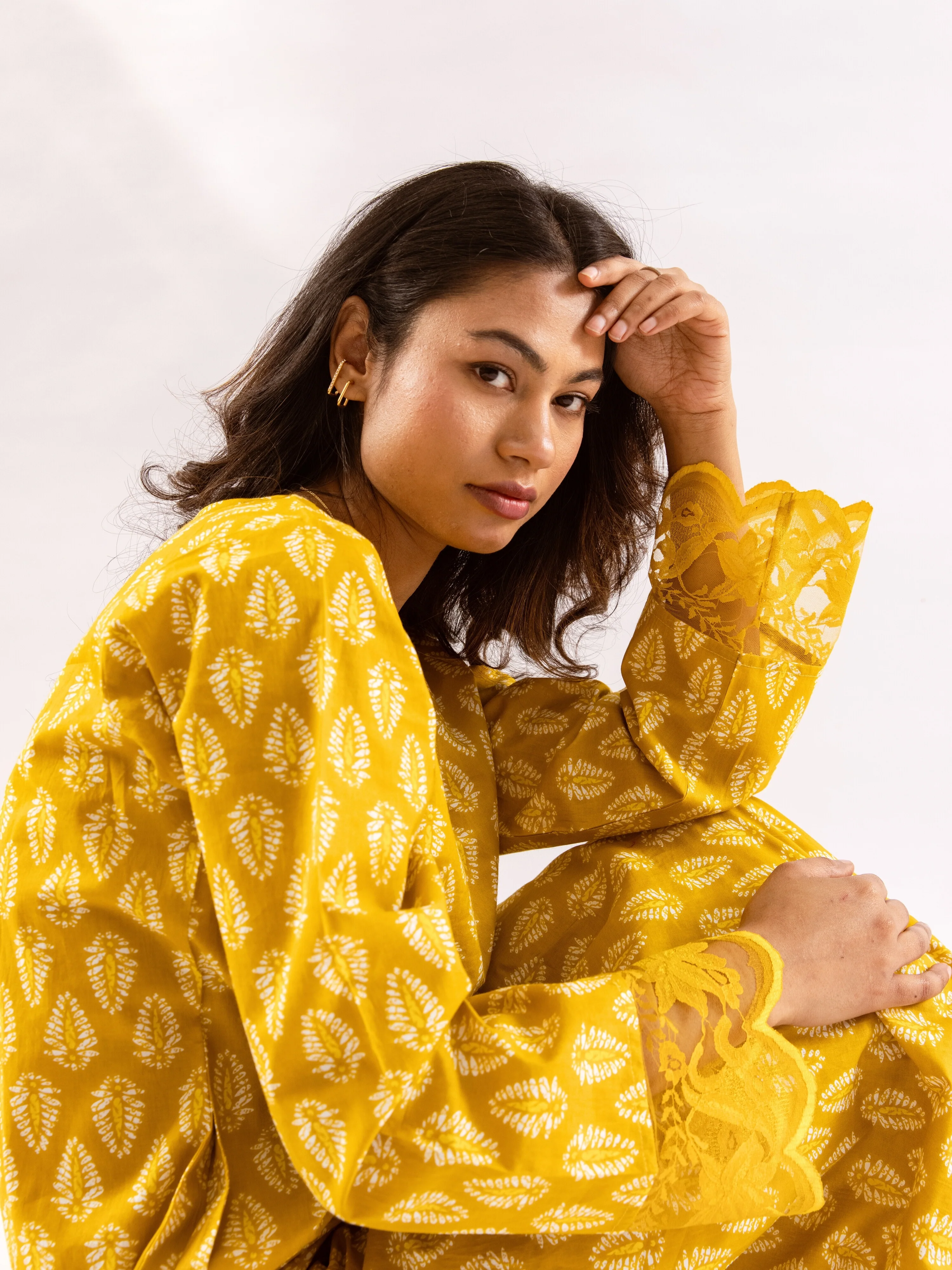 Yellow Bloom Lacy Pure Cotton V neck Night Maxi - Image 9