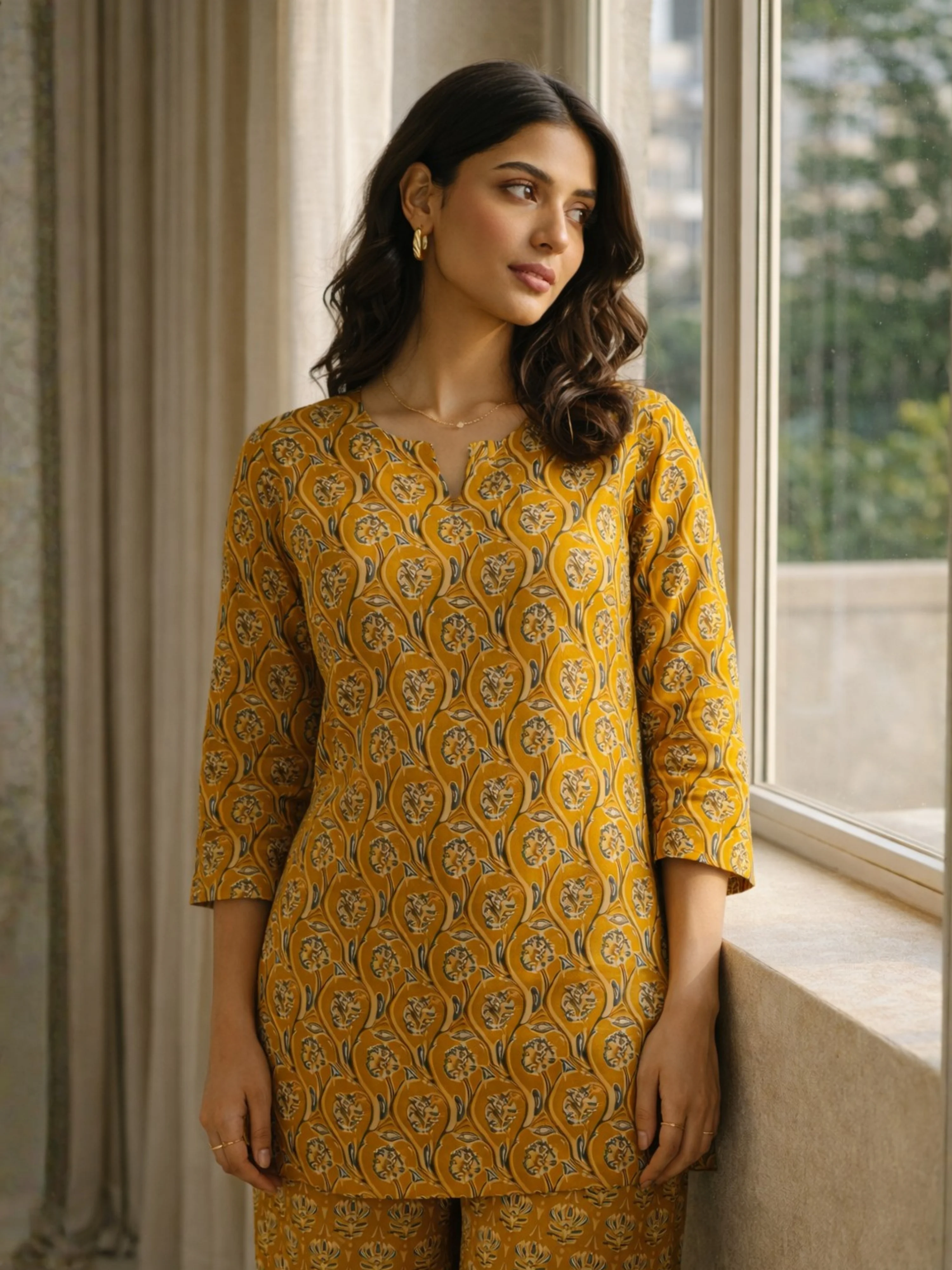Yellow Petal Drift Pure Cotton round neck Women's Co-ord Set for Summer - Image 10