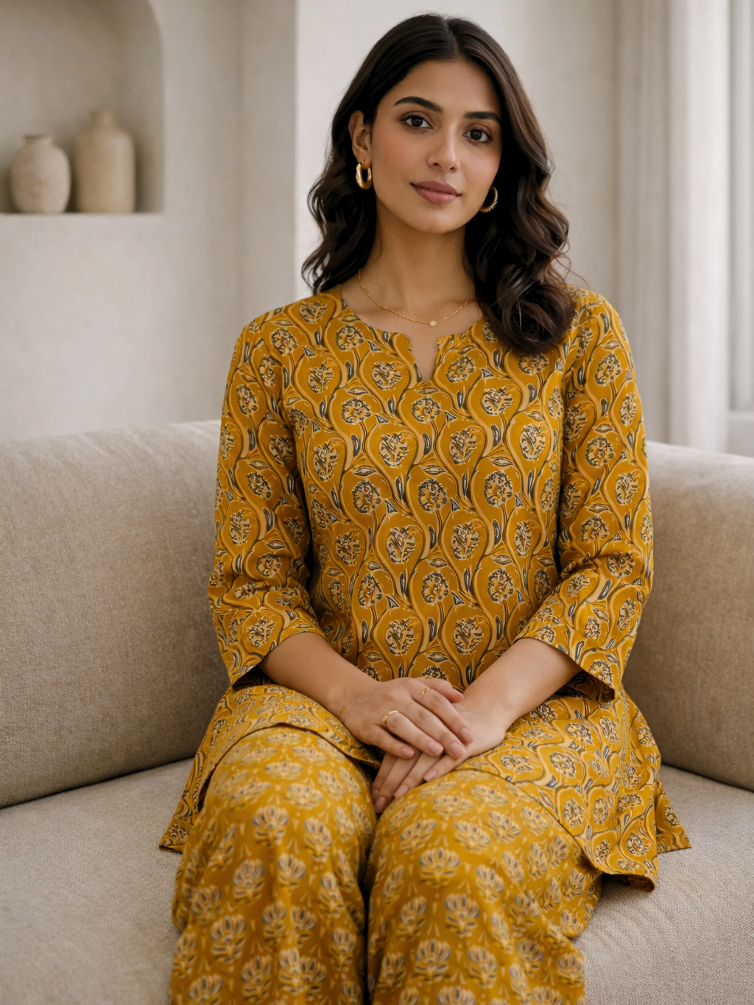 Yellow Petal Drift Pure Cotton round neck Women's Co-ord Set for Summer - Image 11