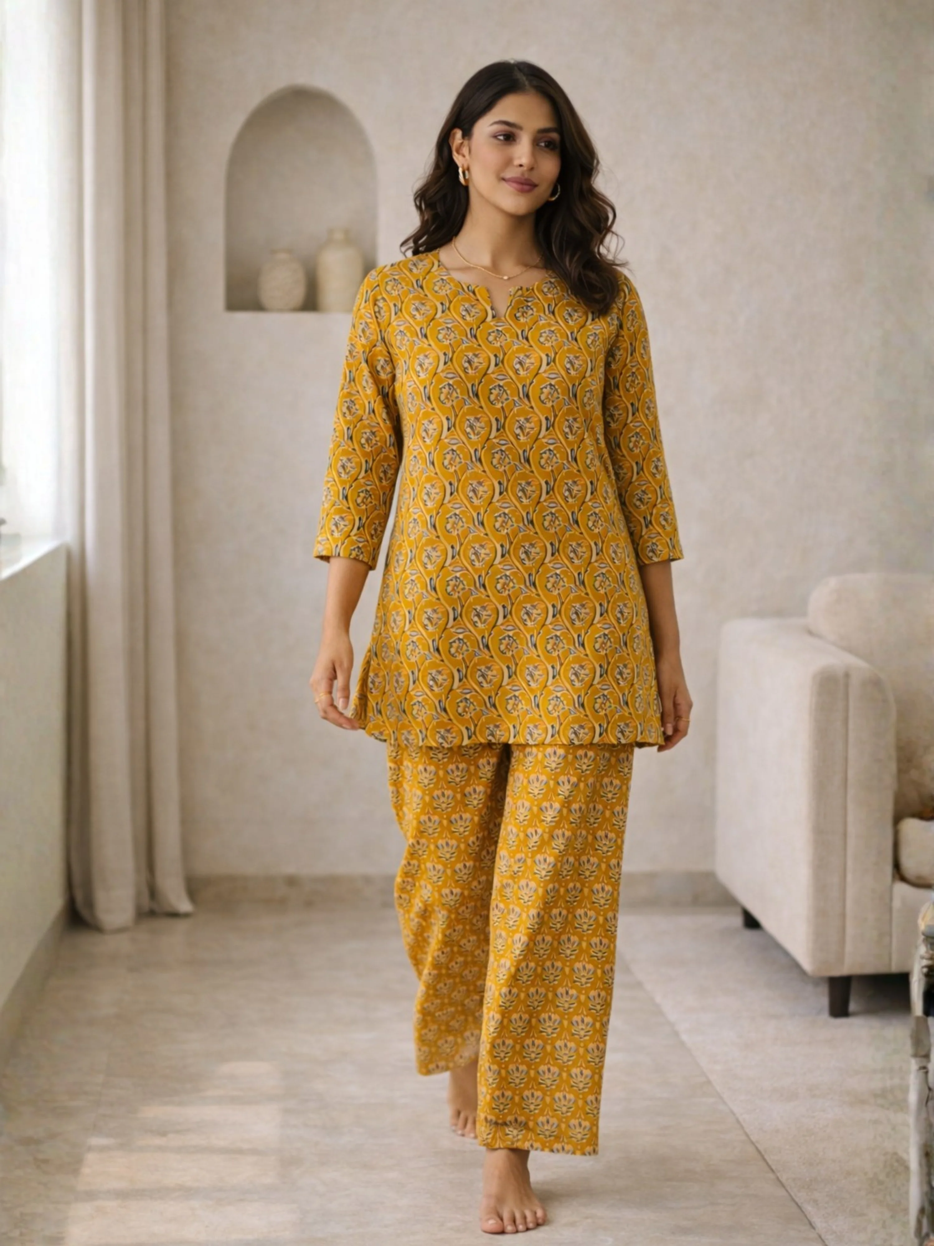 Yellow Petal Drift Pure Cotton round neck Women's Co-ord Set for Summer - Image 3