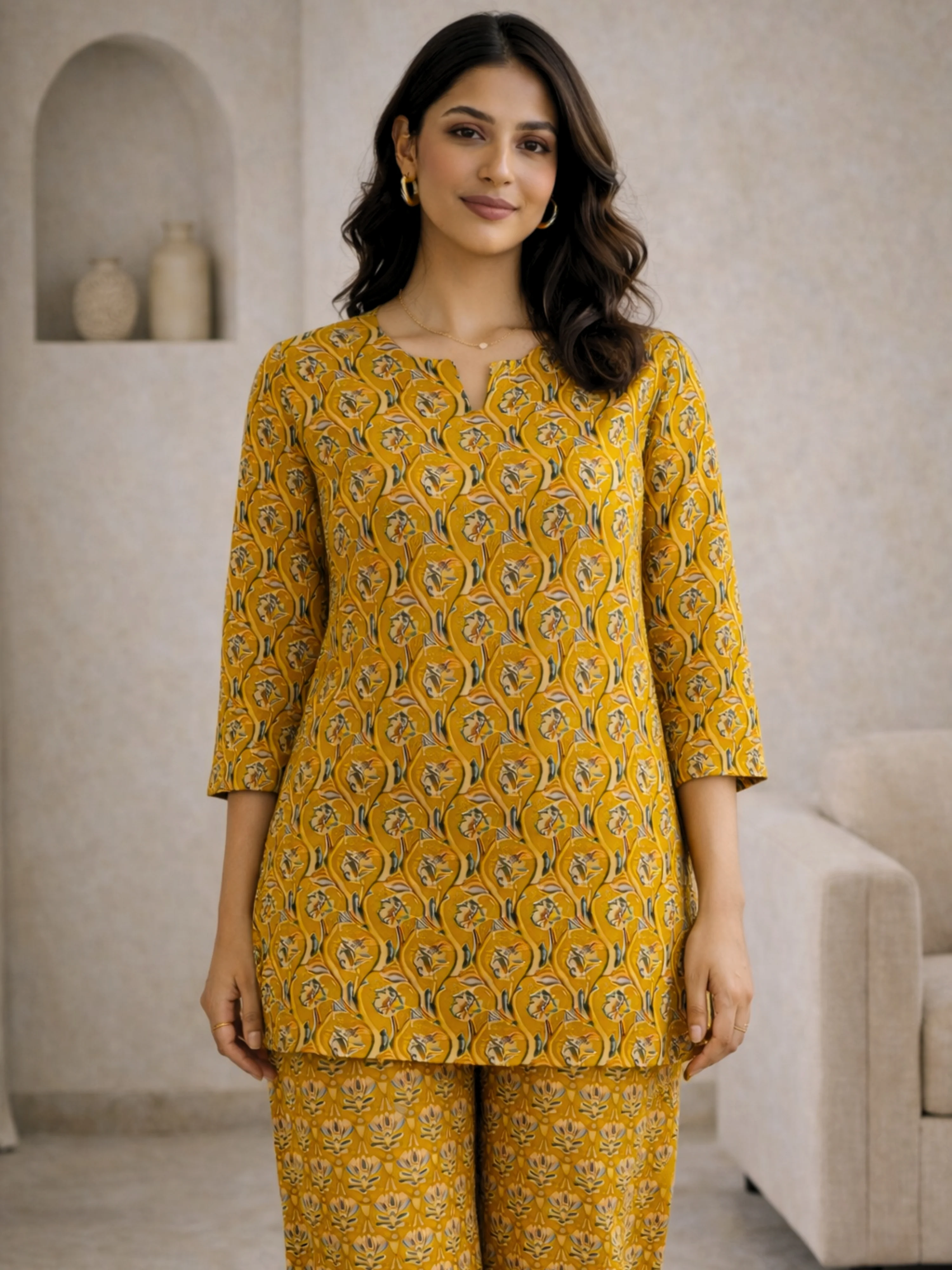 Yellow Petal Drift Pure Cotton round neck Women's Co-ord Set for Summer - Image 5