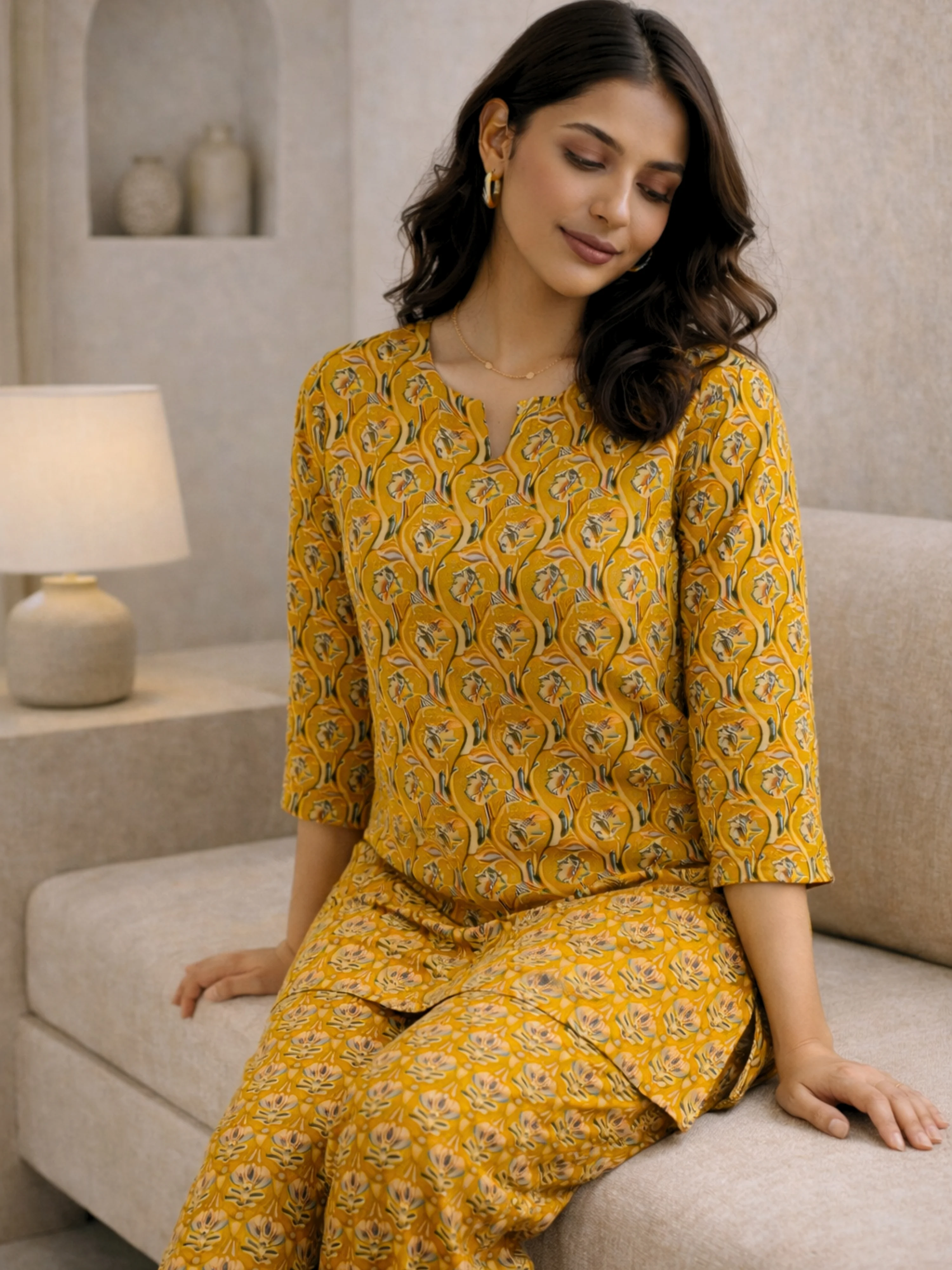 Yellow Petal Drift Pure Cotton round neck Women's Co-ord Set for Summer - Image 6