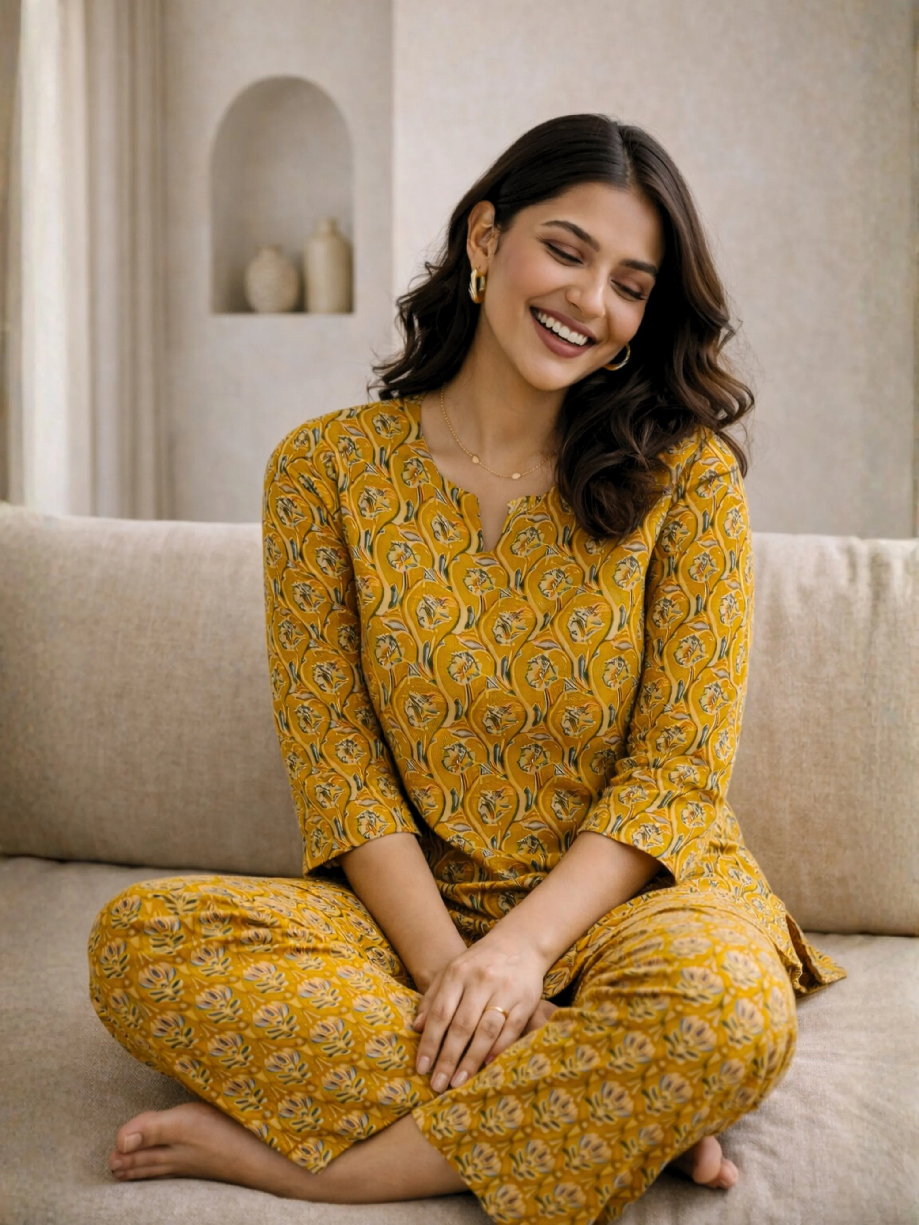 Yellow Petal Drift Pure Cotton round neck Women's Co-ord Set for Summer - Image 7