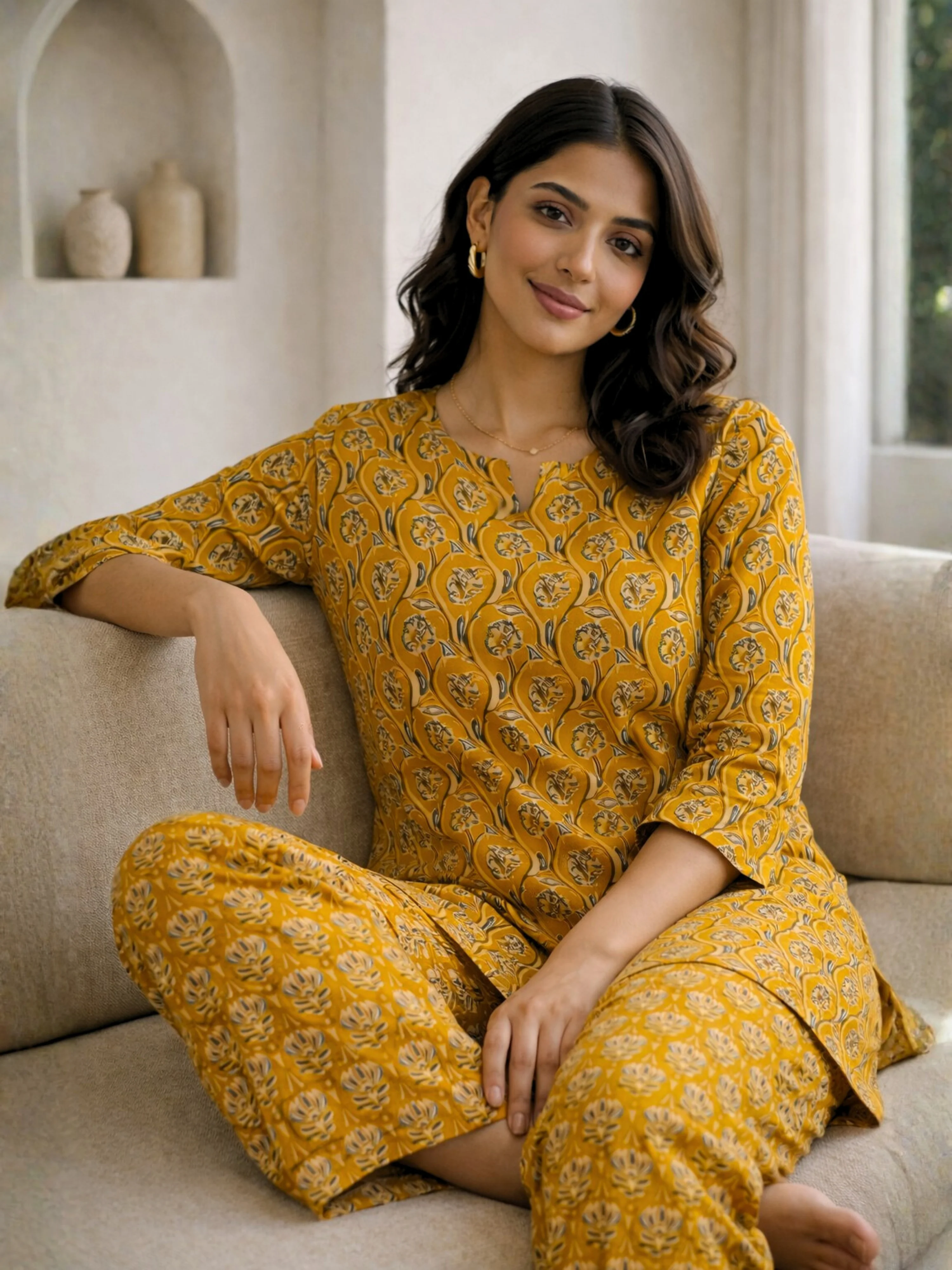 Yellow Petal Drift Pure Cotton round neck Women's Co-ord Set for Summer - Image 9