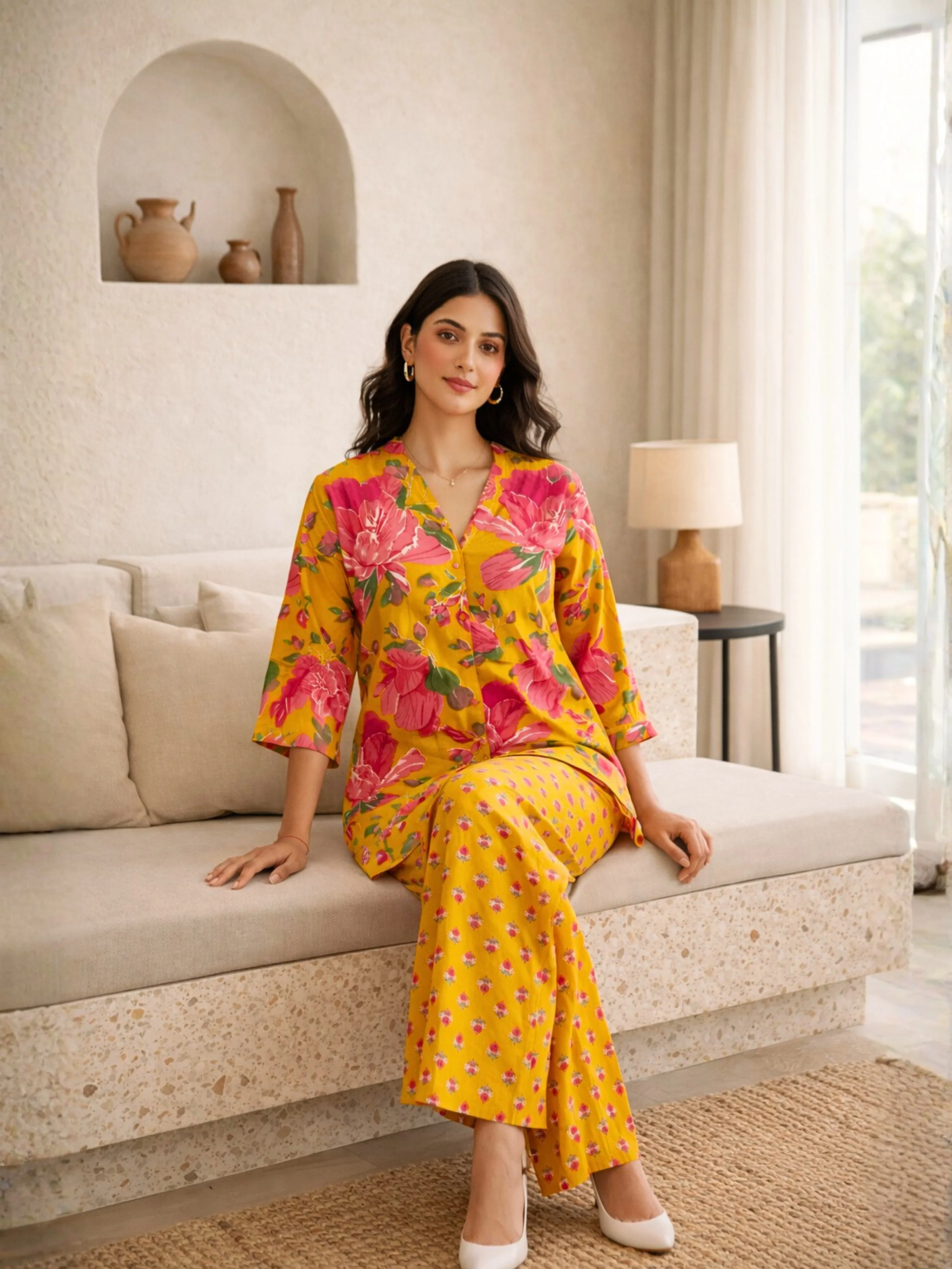 Yellow Phoolkari Pure Cotton Women's Back Pleated Co-ord Set - Image 3