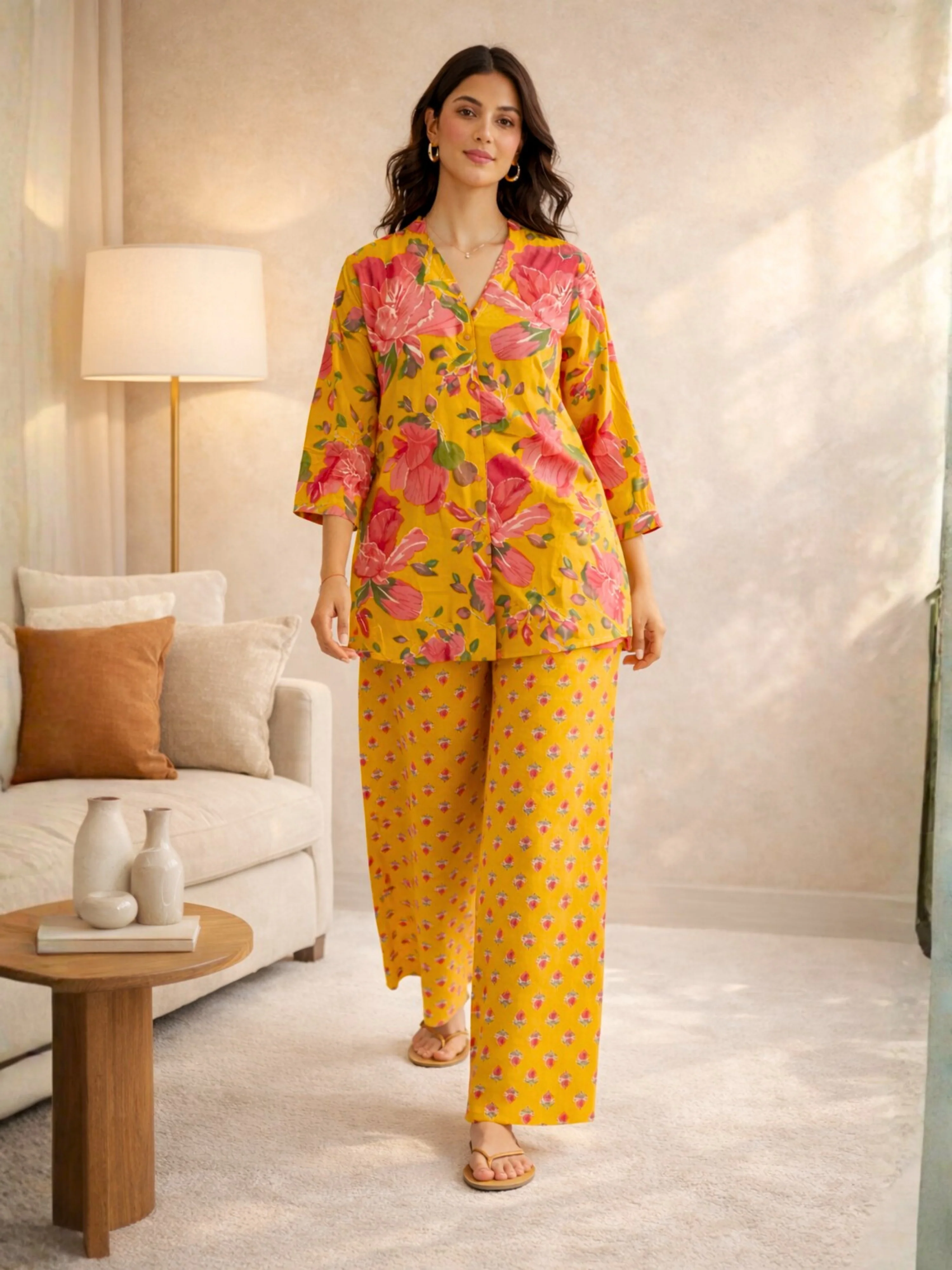 Yellow Phoolkari Pure Cotton Women's Back Pleated Co-ord Set - Image 4