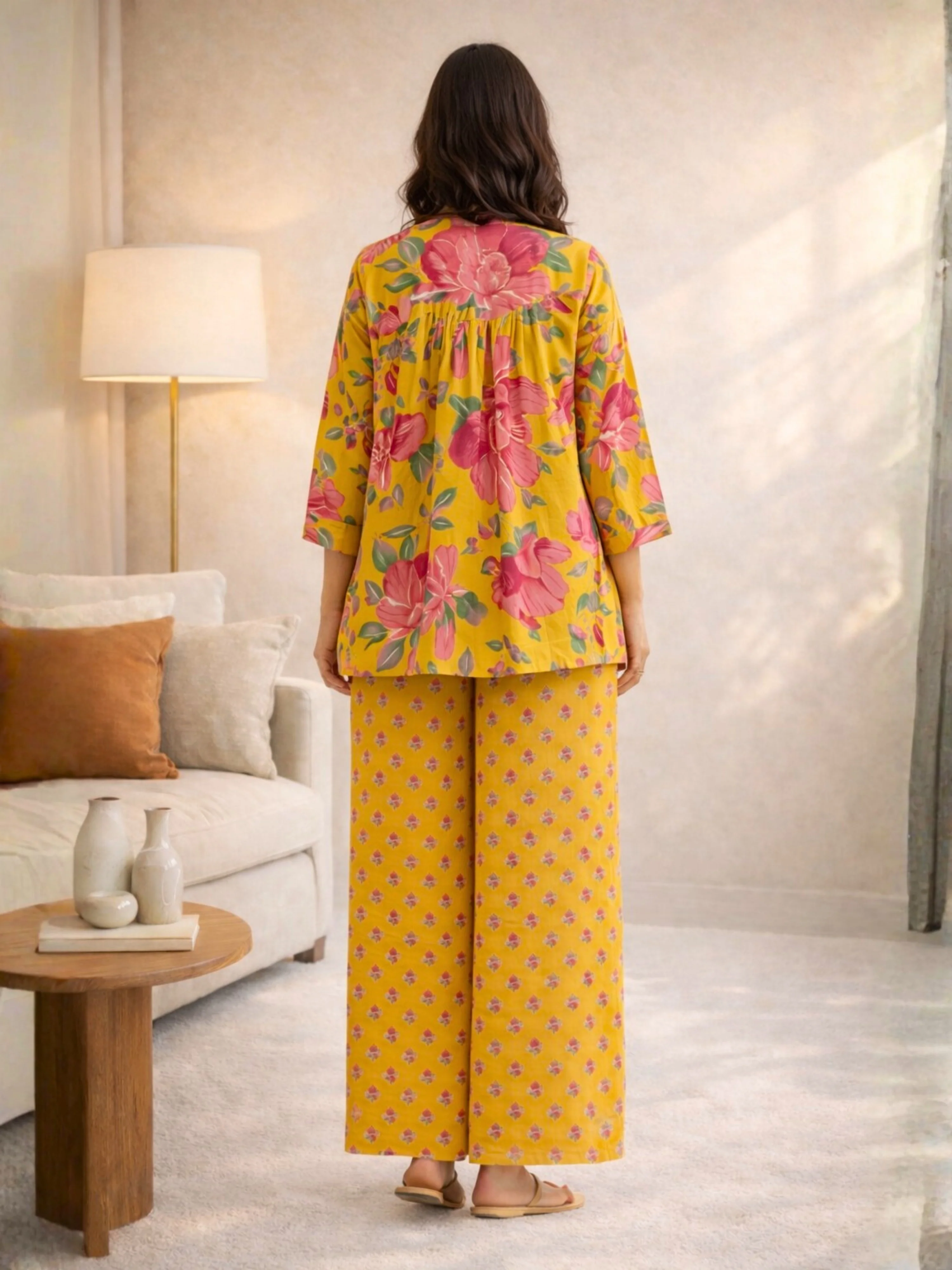 Yellow Phoolkari Pure Cotton Women's Back Pleated Co-ord Set - Image 5