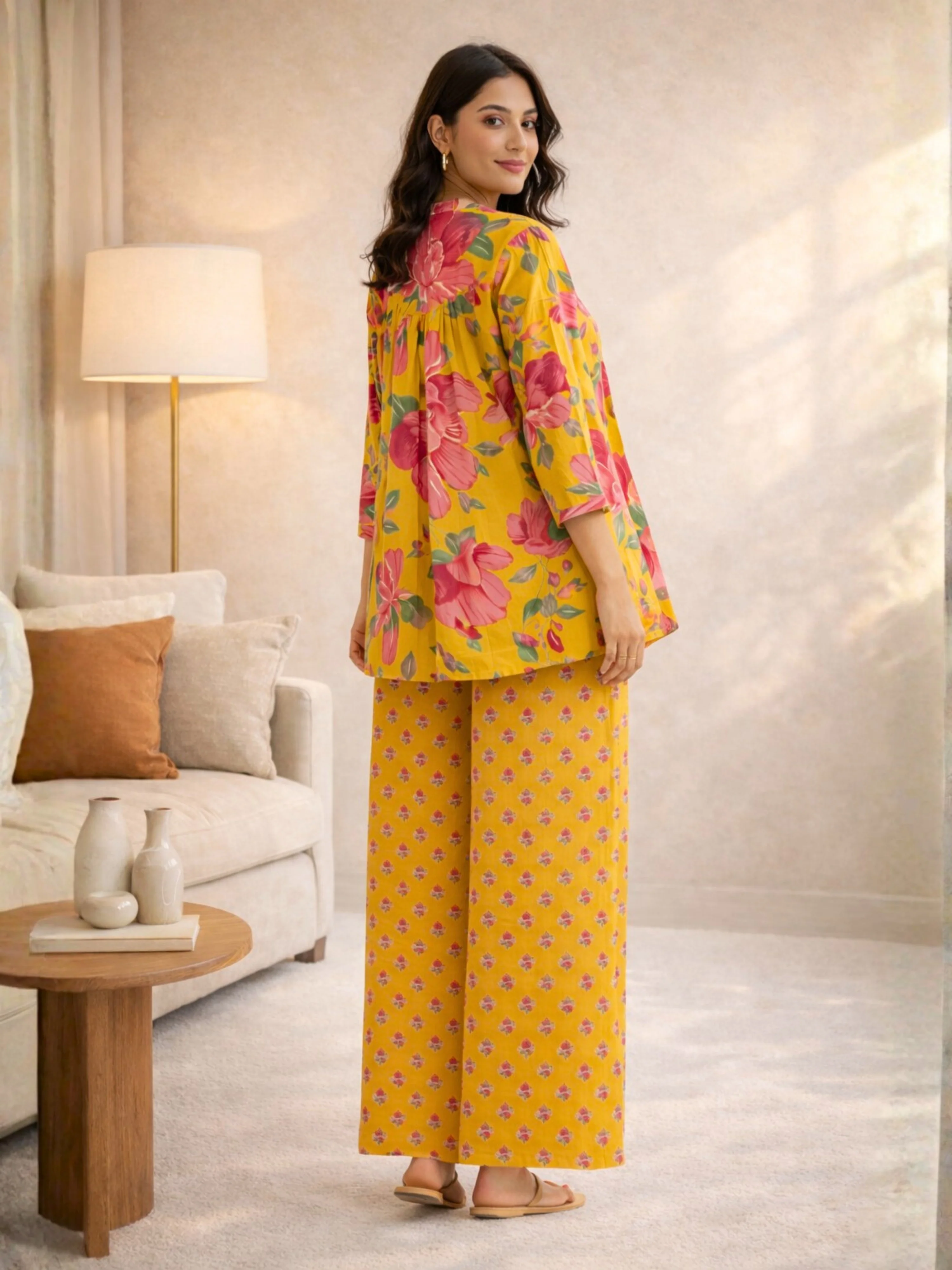 Yellow Phoolkari Pure Cotton Women's Back Pleated Co-ord Set - Image 6