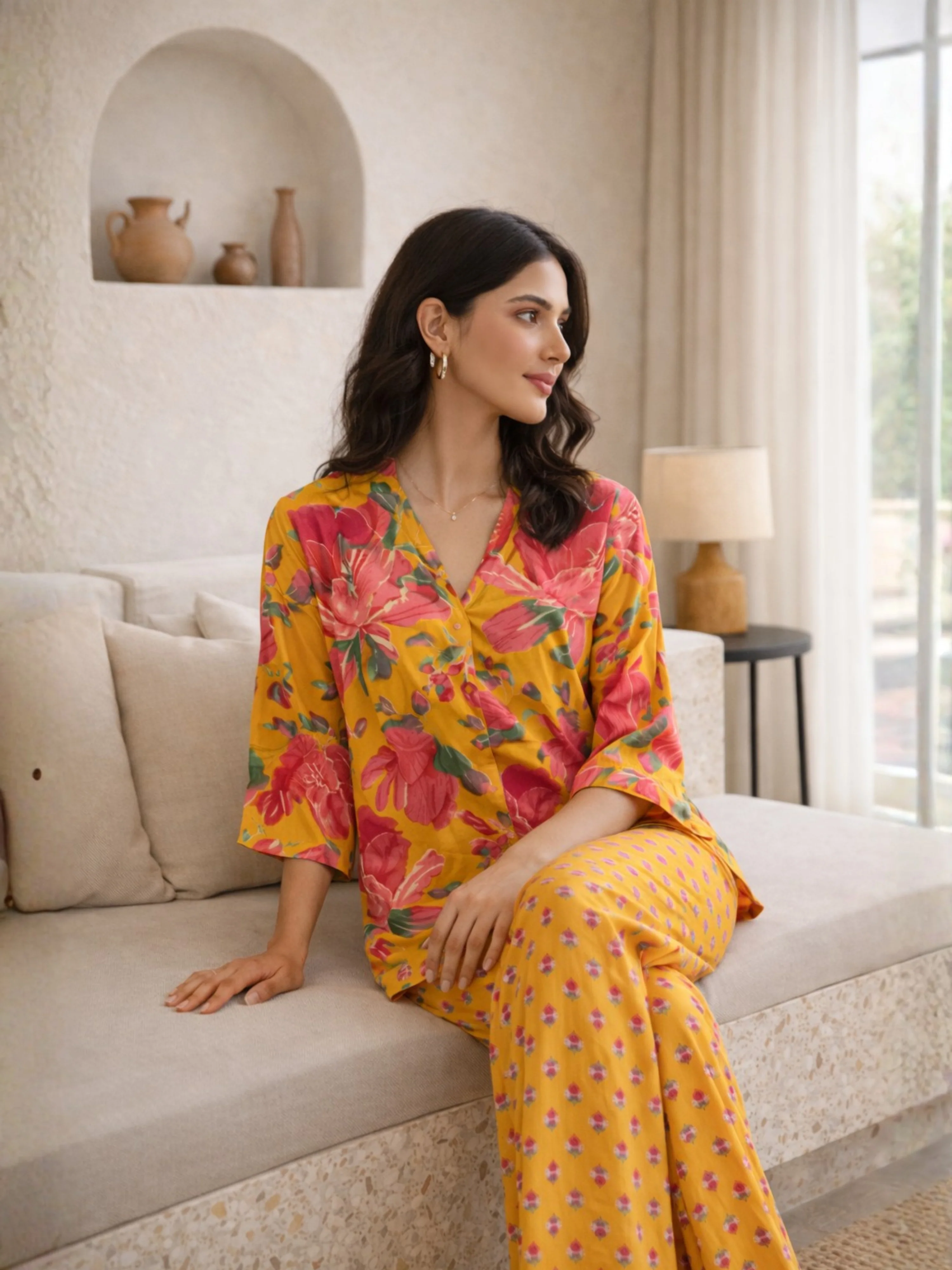 Yellow Phoolkari Pure Cotton Women's Back Pleated Co-ord Set - Image 7