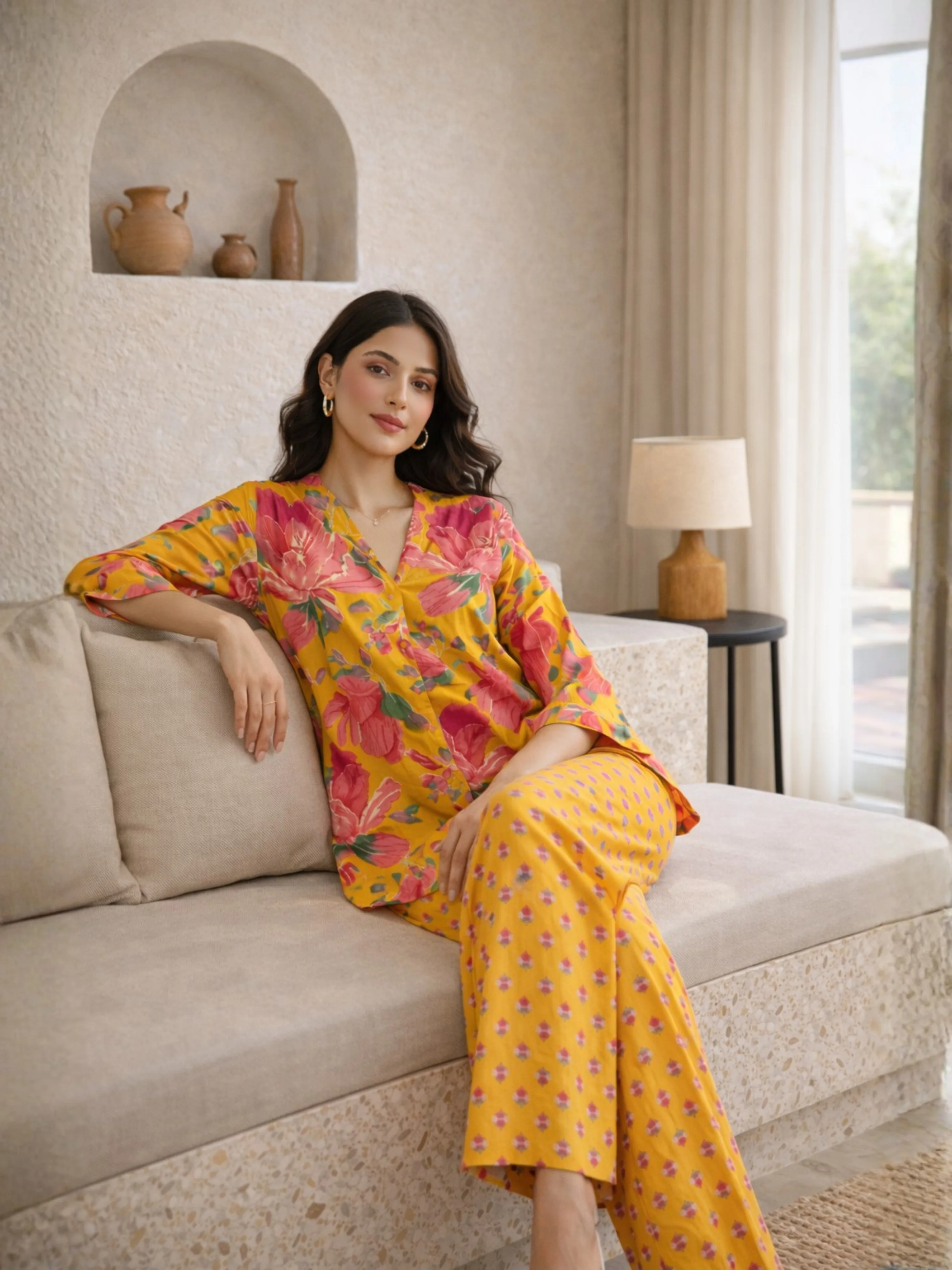 Yellow Phoolkari Pure Cotton Women's Back Pleated Co-ord Set - Image 8